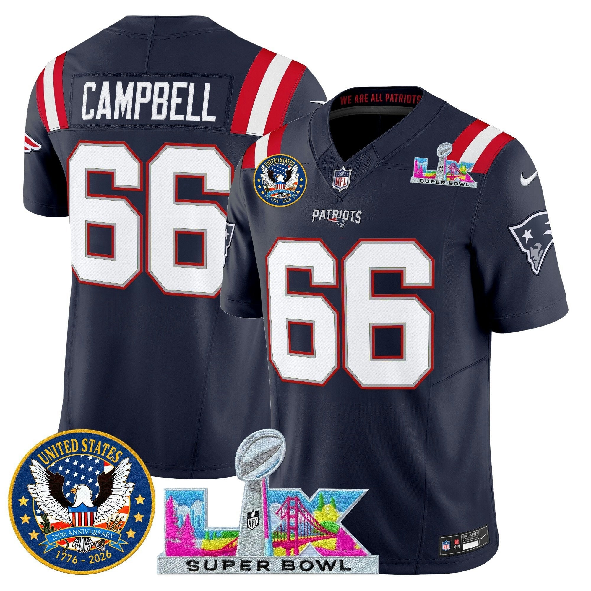 Camisa NFL Men’s New England “Super Bowl LX & United States 250th Patch” Vapor Limited Jersey