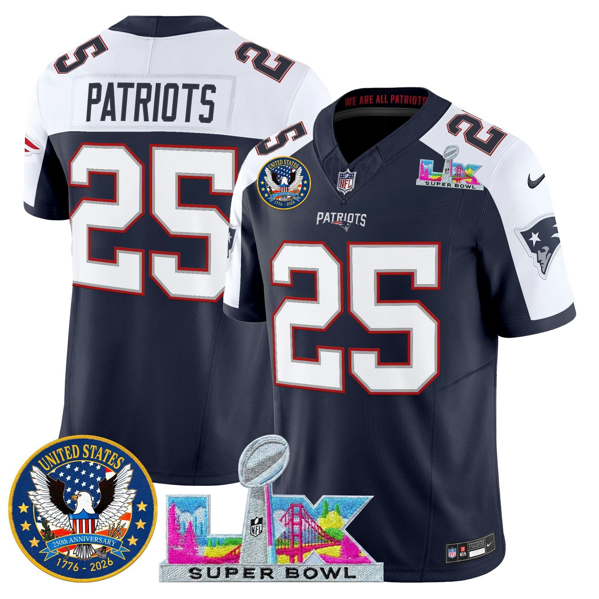 Camisa NFL Men’s New England “Super Bowl LX & United States 250th Patch” Vapor Limited Jersey