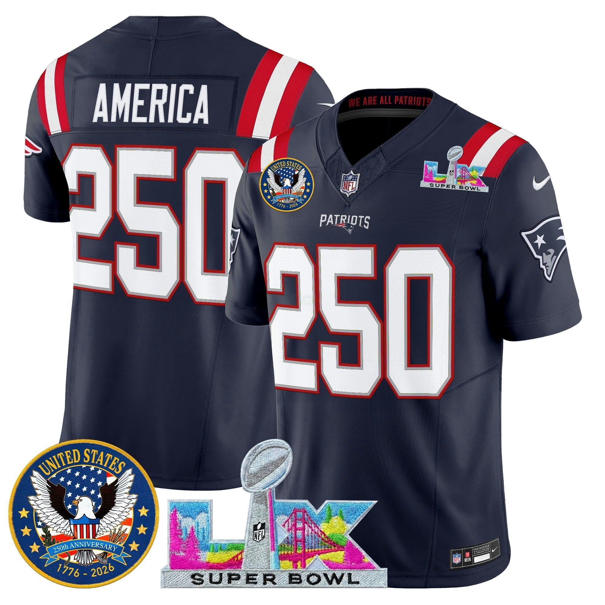 Camisa NFL Men’s New England “Super Bowl LX & United States 250th Patch” Vapor Limited Jersey