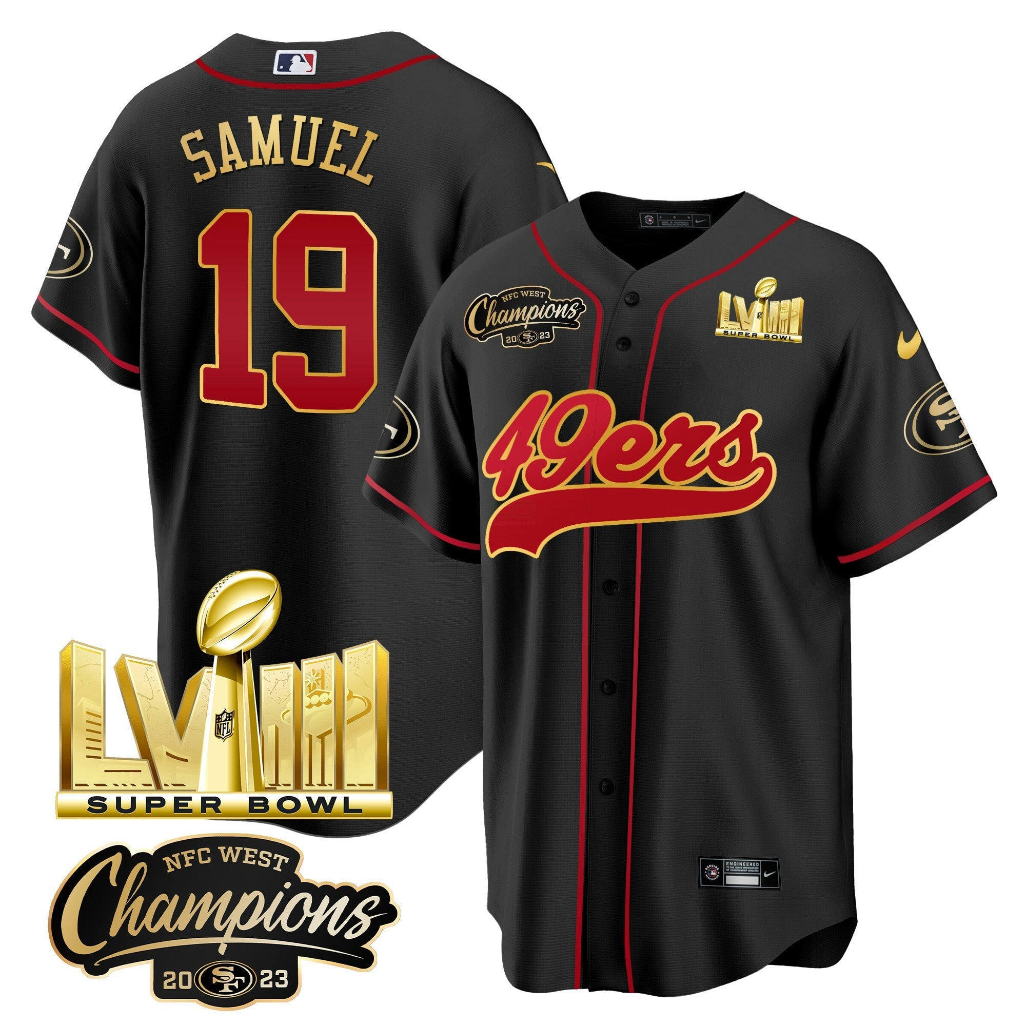Camisa NFL Men’s NFC West Champions & Super Bowl LVIII Dourada Patch Jersey