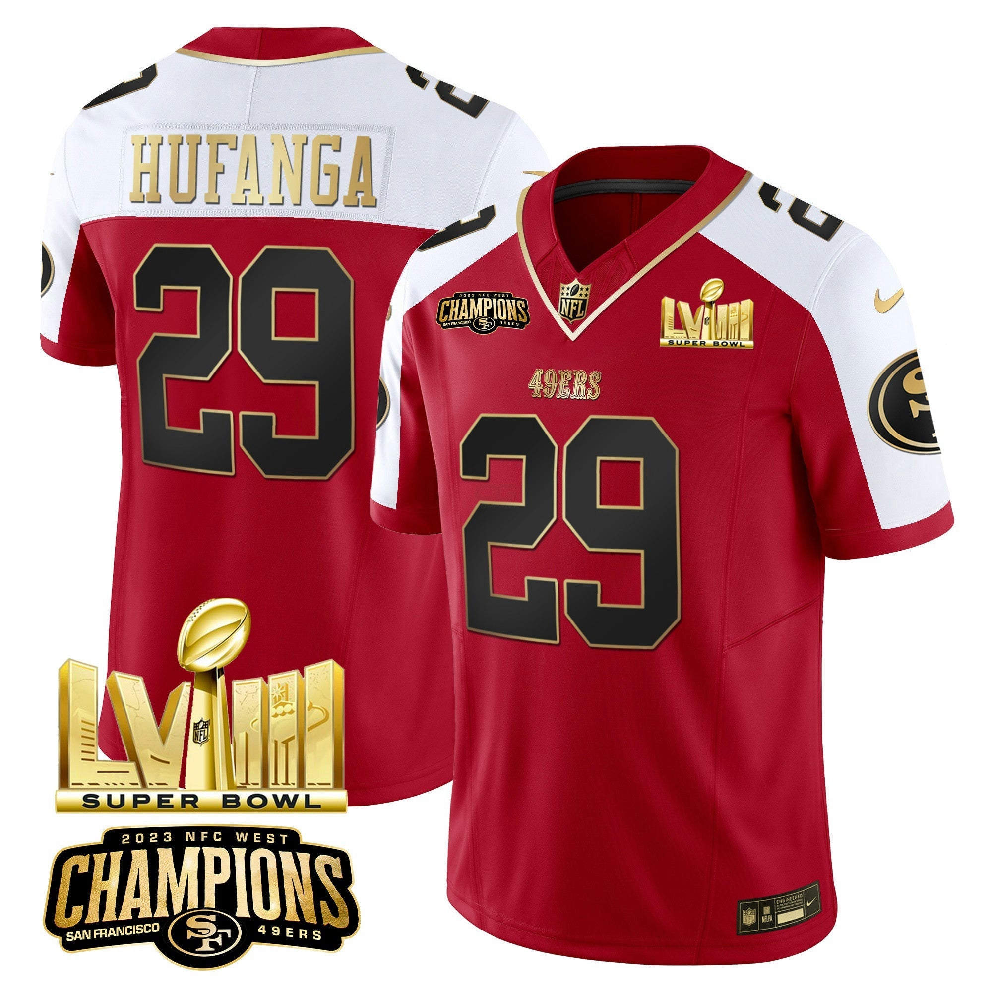 Camisa NFL Men’s NFC West Champions & Super Bowl LVIII Dourada Patch Vapor Jersey