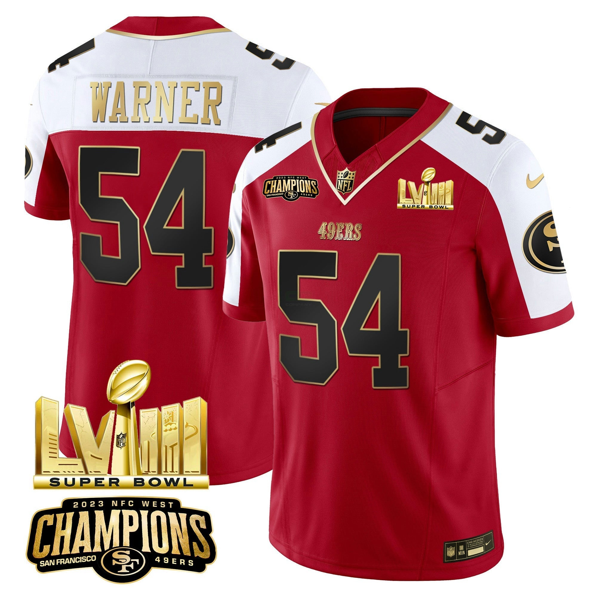 Camisa NFL Men’s NFC West Champions & Super Bowl LVIII Dourada Patch Vapor Jersey