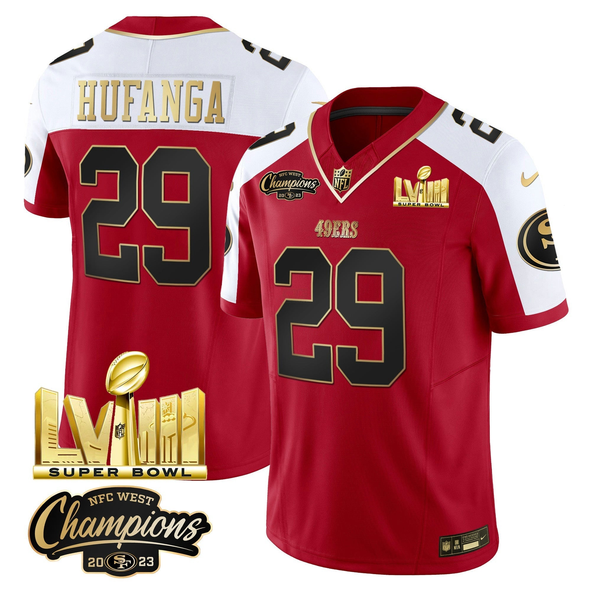 Camisa NFL Men’s NFC West Champions & Super Bowl LVIII Dourada Patch Vapor Jersey V2