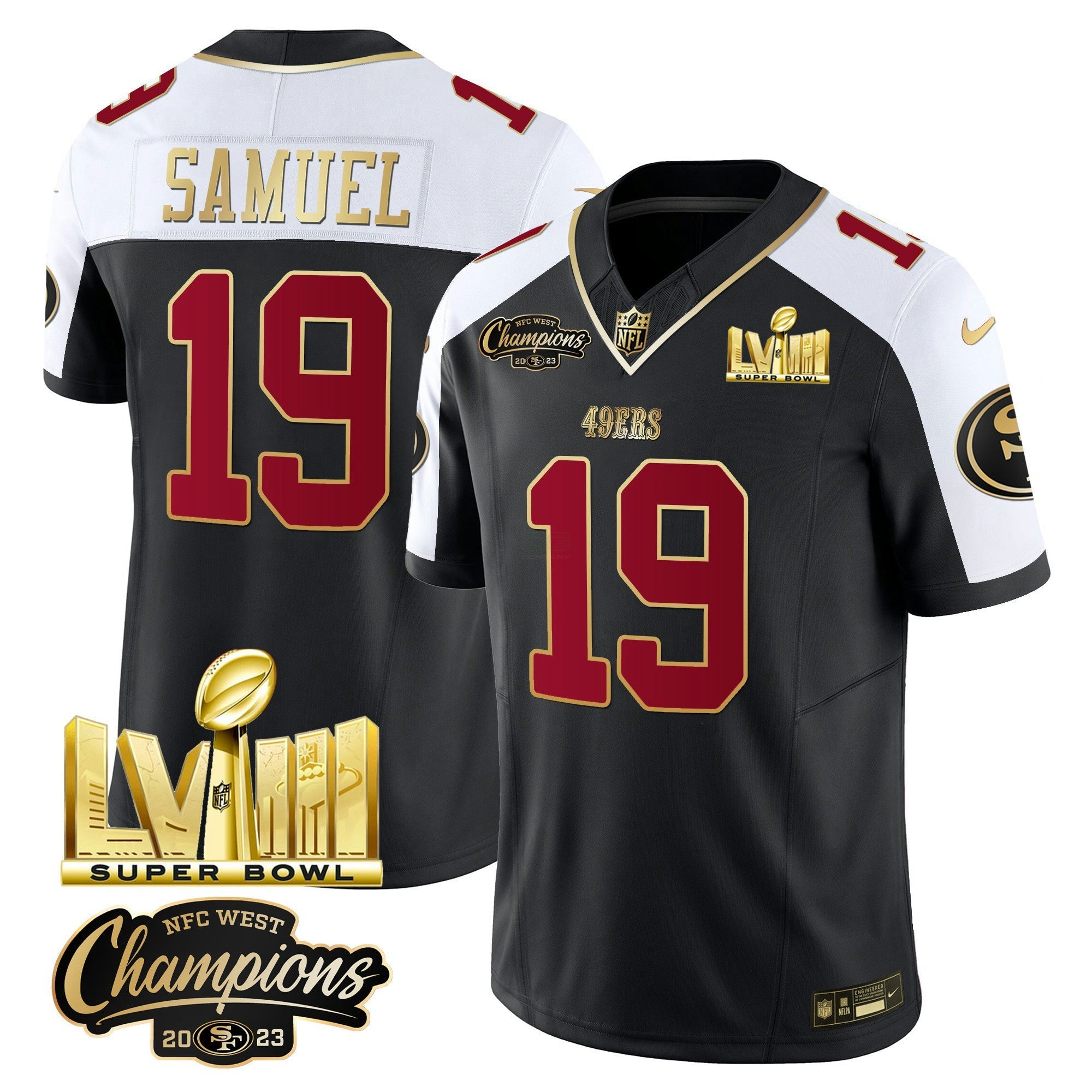 Camisa NFL Men’s NFC West Champions & Super Bowl LVIII Dourada Patch Vapor Jersey V2