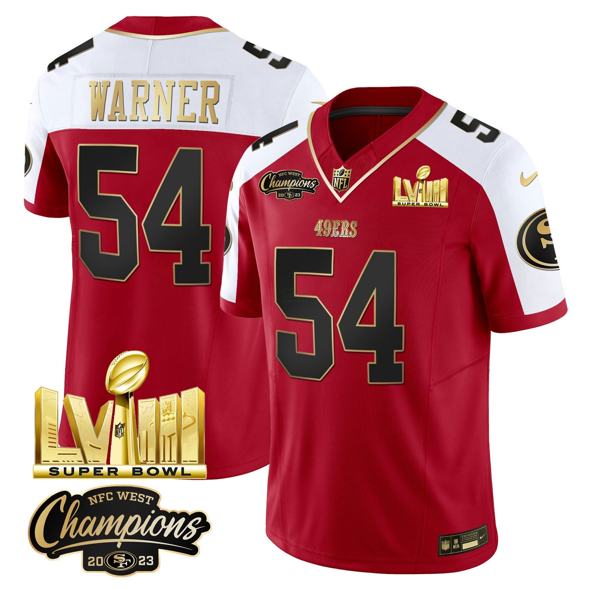 Camisa NFL Men’s NFC West Champions & Super Bowl LVIII Dourada Patch Vapor Jersey V2