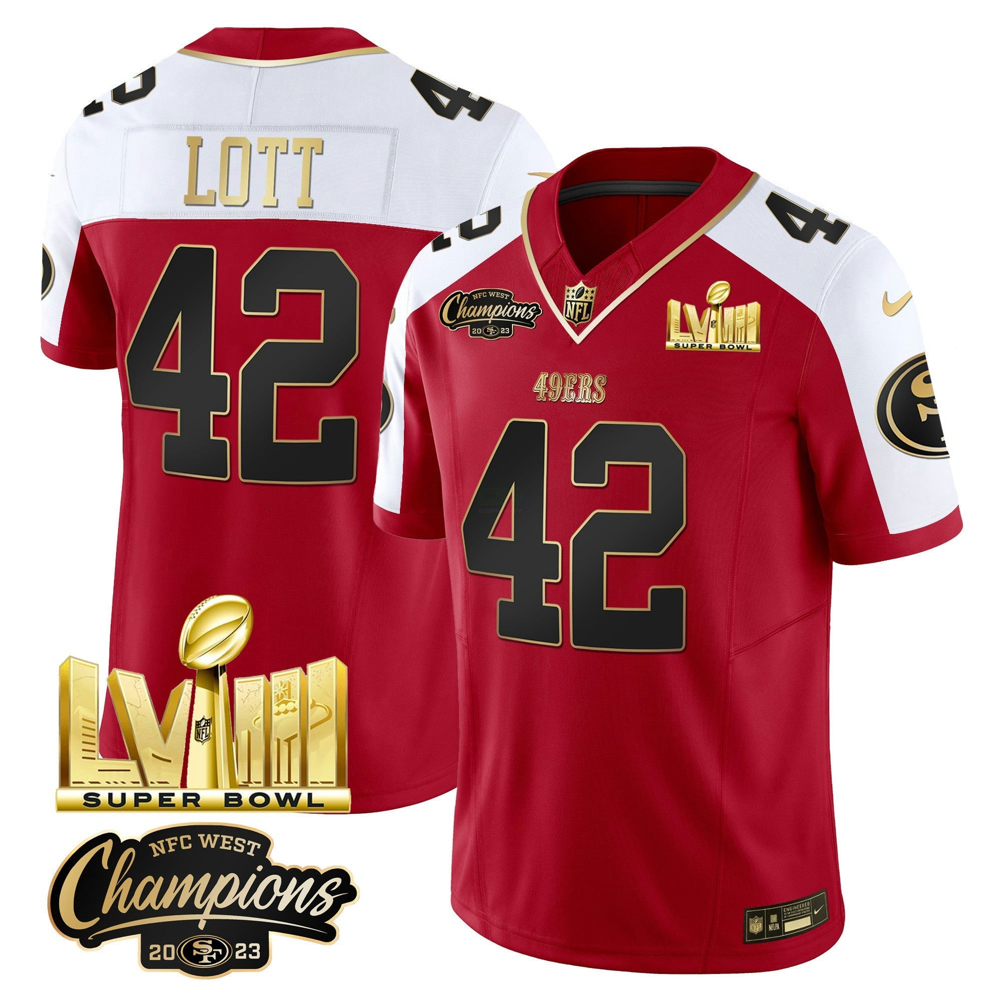Camisa NFL Men’s NFC West Champions & Super Bowl LVIII Dourada Patch Vapor Jersey V2