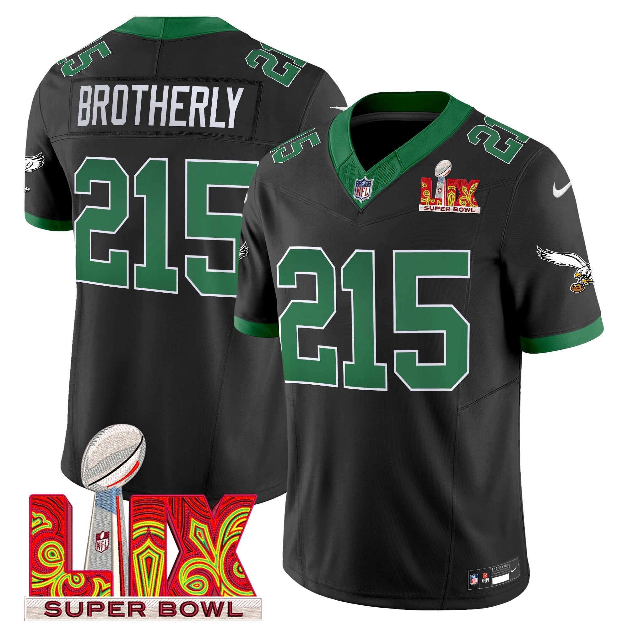 Camisa NFL Men’s Philadelphia Kelly Green Super Bowl LIX Patch Vapor Limited Jersey