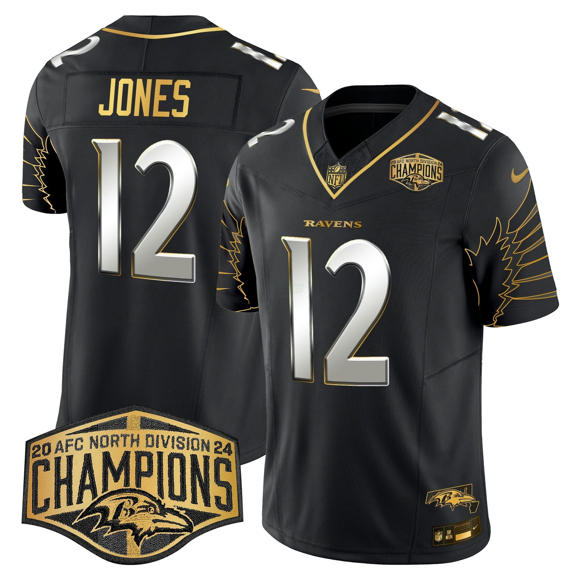 Camisa NFL Men’s Ravens Maryland 2024 AFC North Division Champions Patch Dourada Vapor Limited Jersey