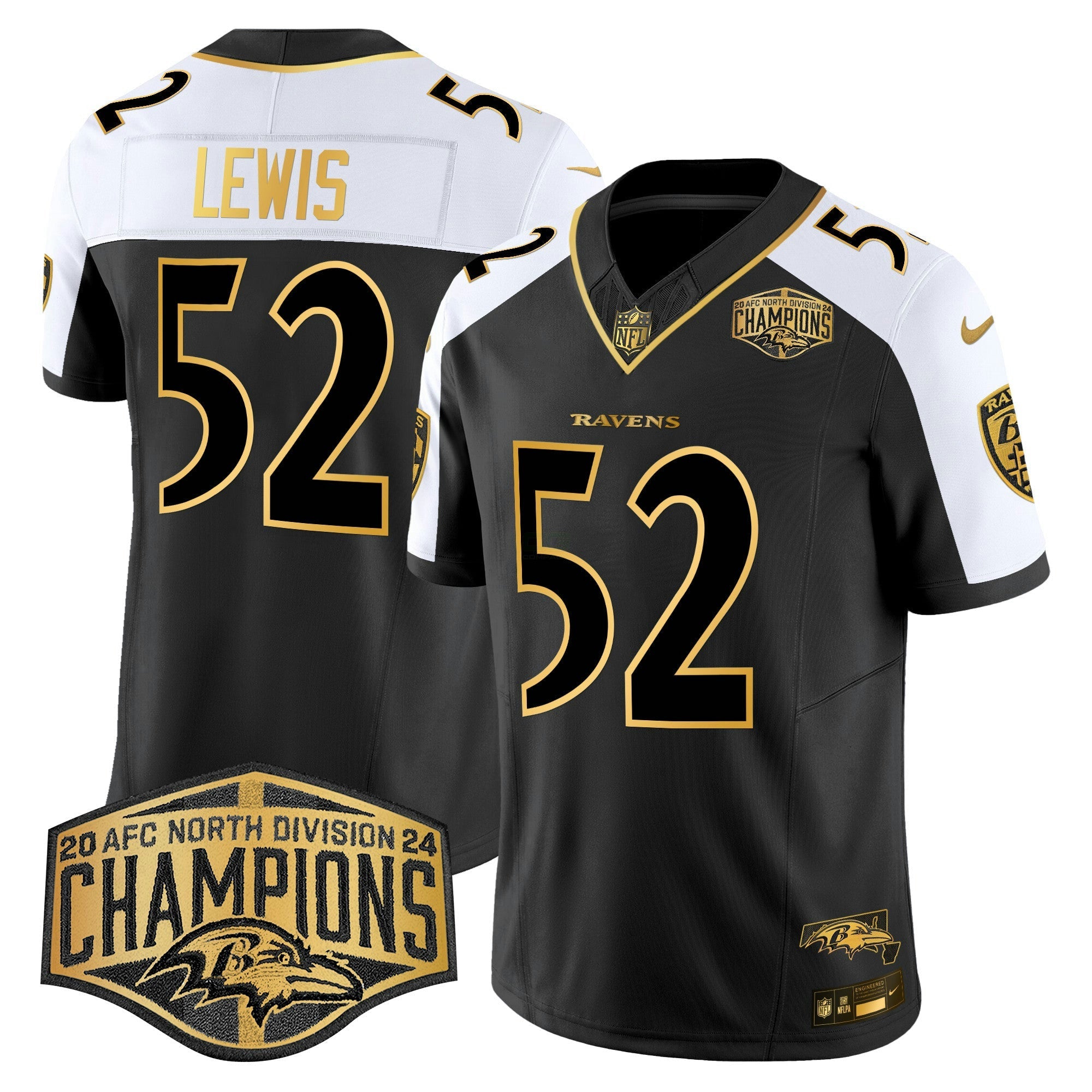 Camisa NFL Men’s Ravens Maryland 2024 AFC North Division Champions Patch Dourada Vapor Limited Jersey