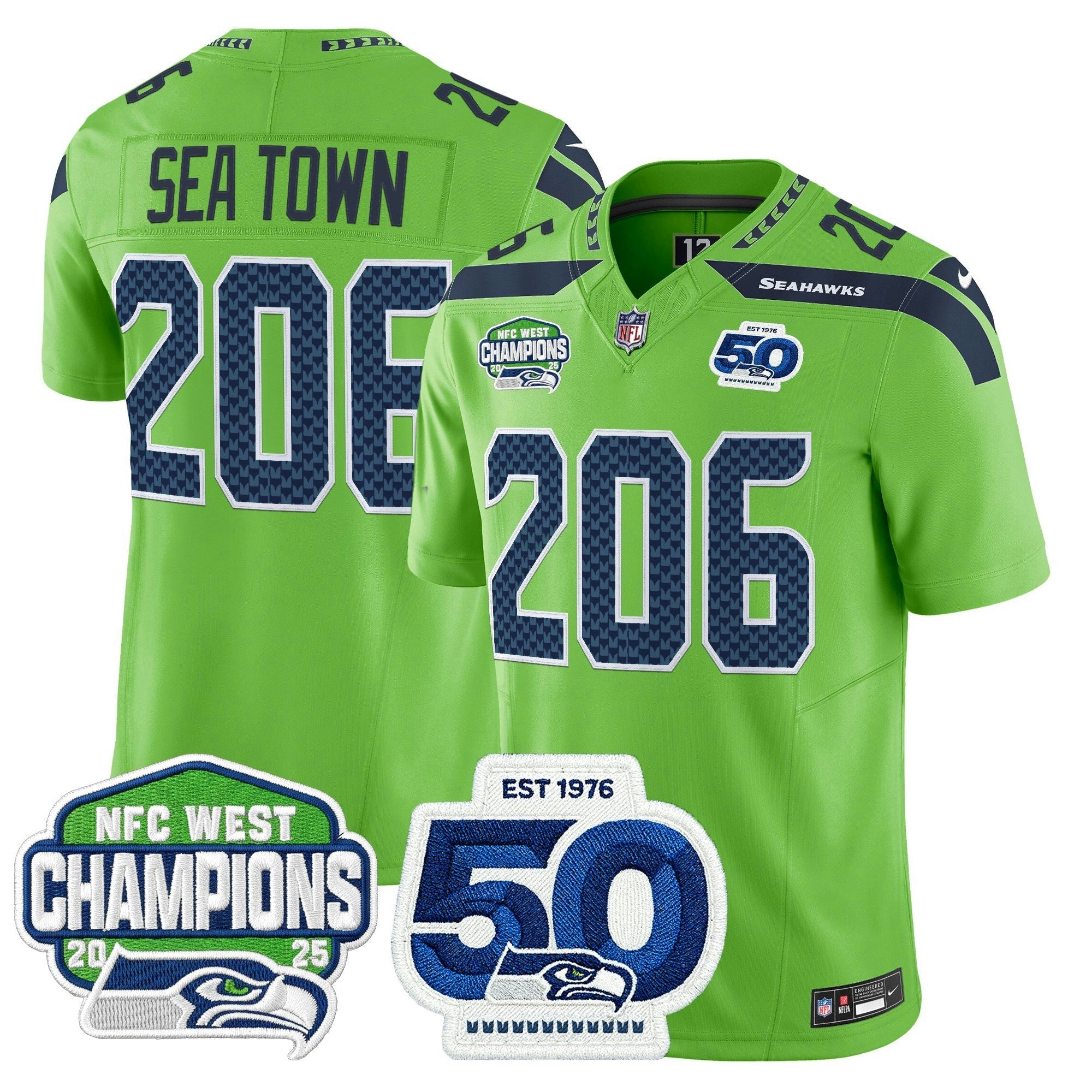 Camisa NFL Men’s Seattle 2025 NFC West Division Champions & 50th Anniversary Patch Vapor Limited Jersey
