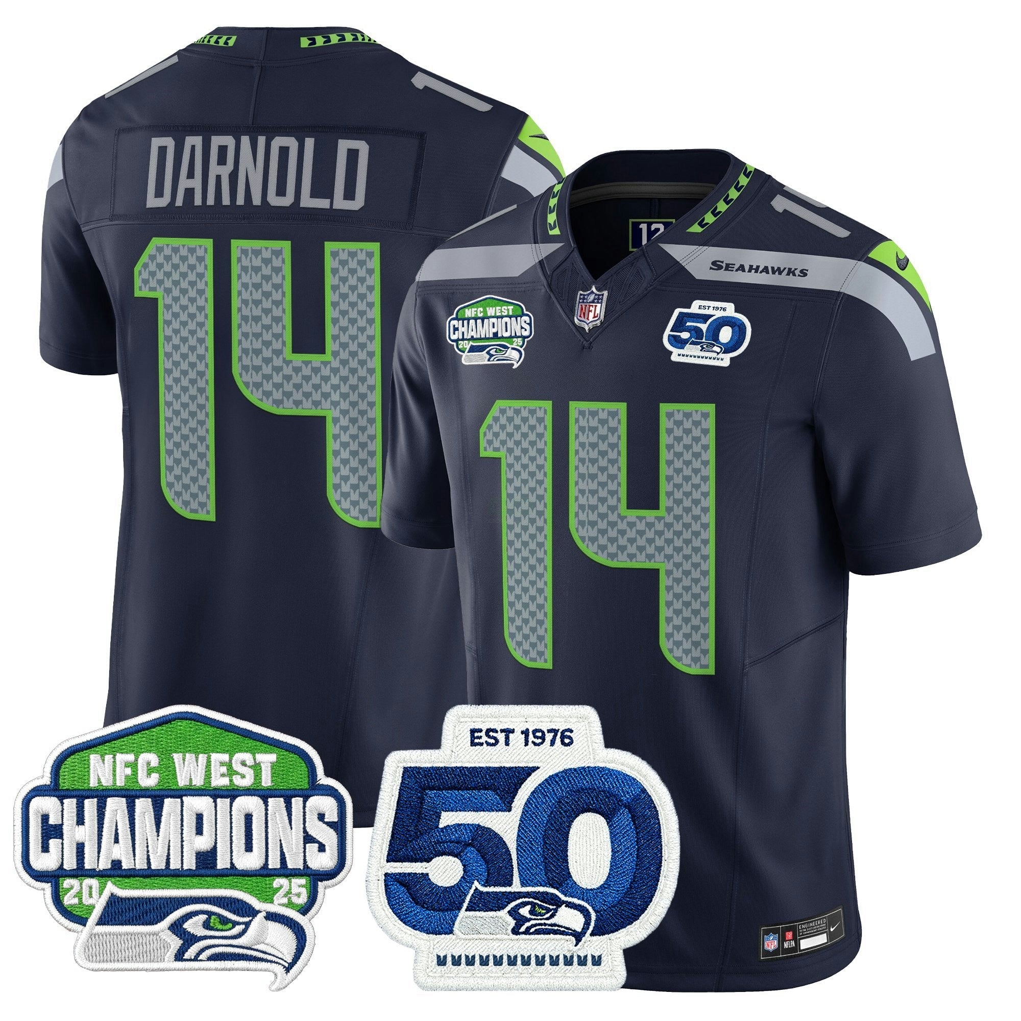 Camisa NFL Men’s Seattle 2025 NFC West Division Champions & 50th Anniversary Patch Vapor Limited Jersey
