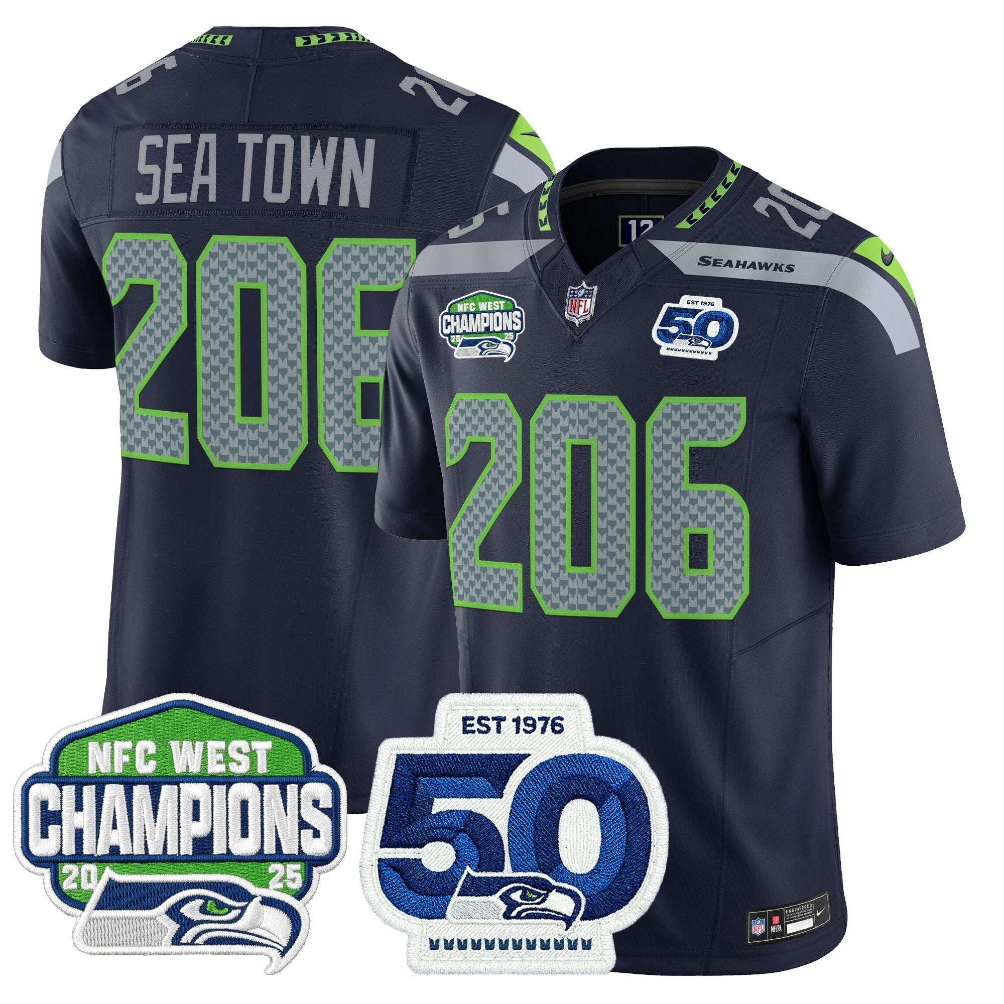 Camisa NFL Men’s Seattle 2025 NFC West Division Champions & 50th Anniversary Patch Vapor Limited Jersey