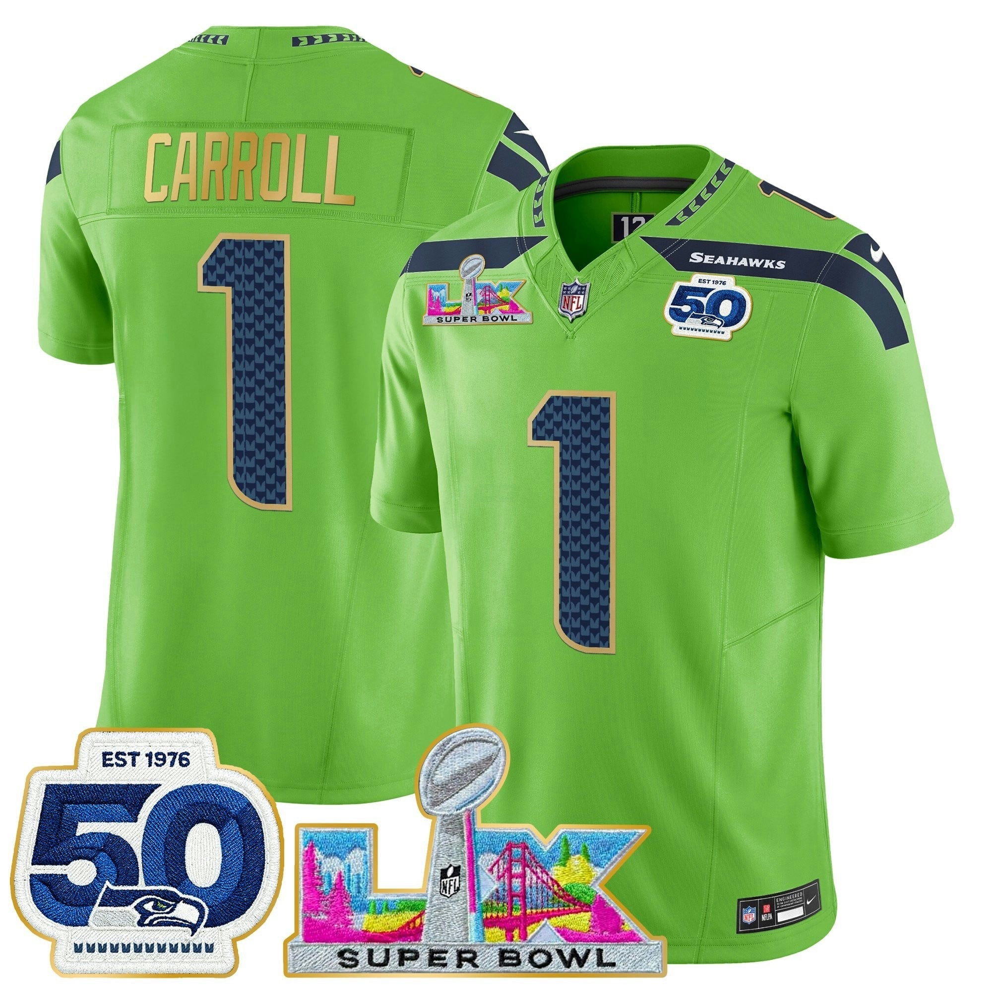 Camisa NFL Men’s Seattle “Super Bowl LX & 50th Patch” Dourada Trim Vapor Limited Jersey