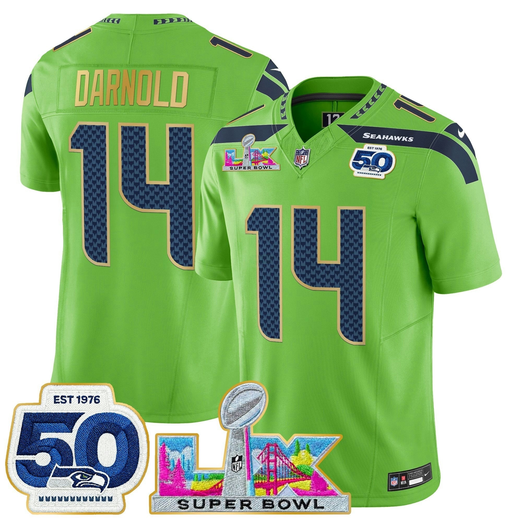 Camisa NFL Men’s Seattle “Super Bowl LX & 50th Patch” Dourada Trim Vapor Limited Jersey