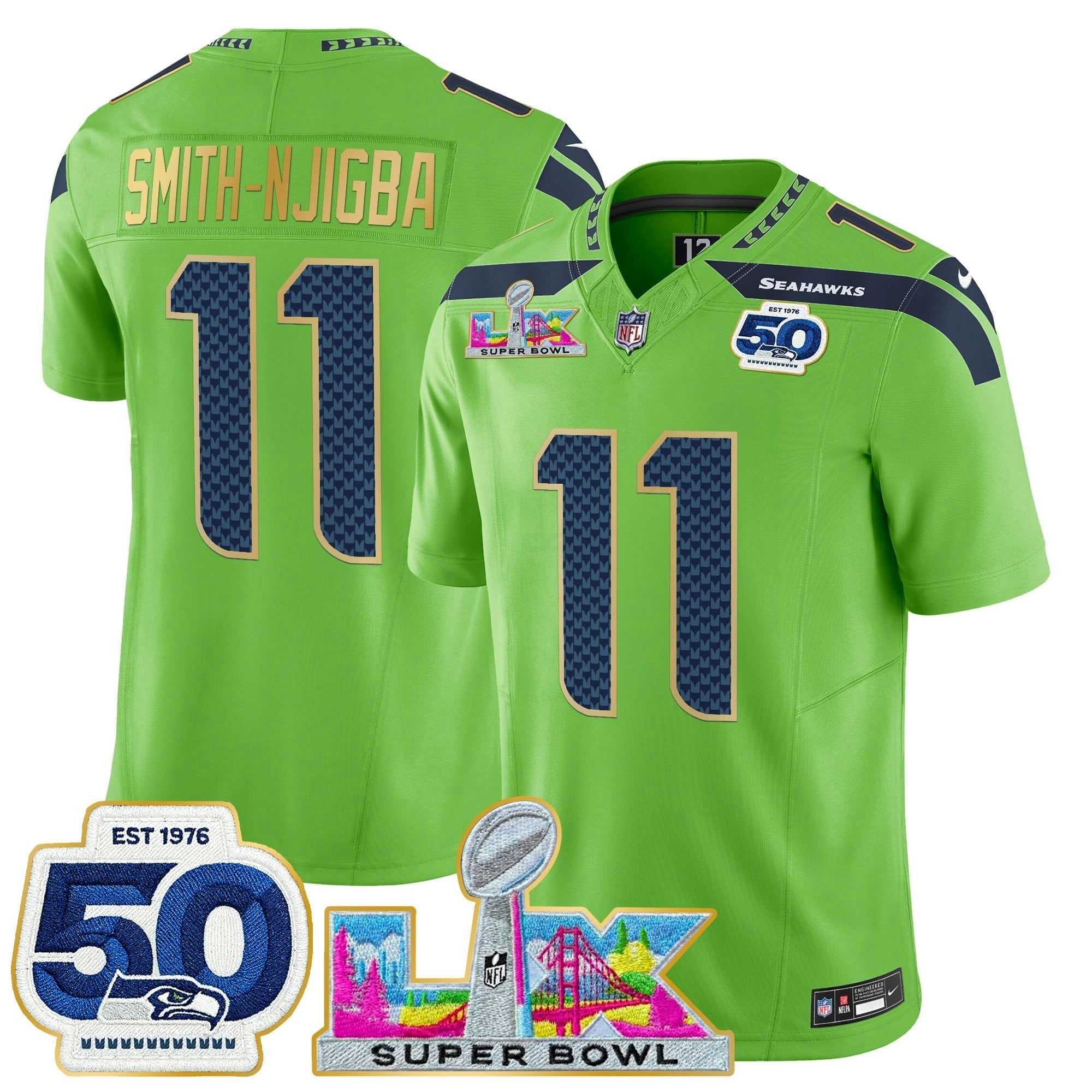 Camisa NFL Men’s Seattle “Super Bowl LX & 50th Patch” Dourada Trim Vapor Limited Jersey