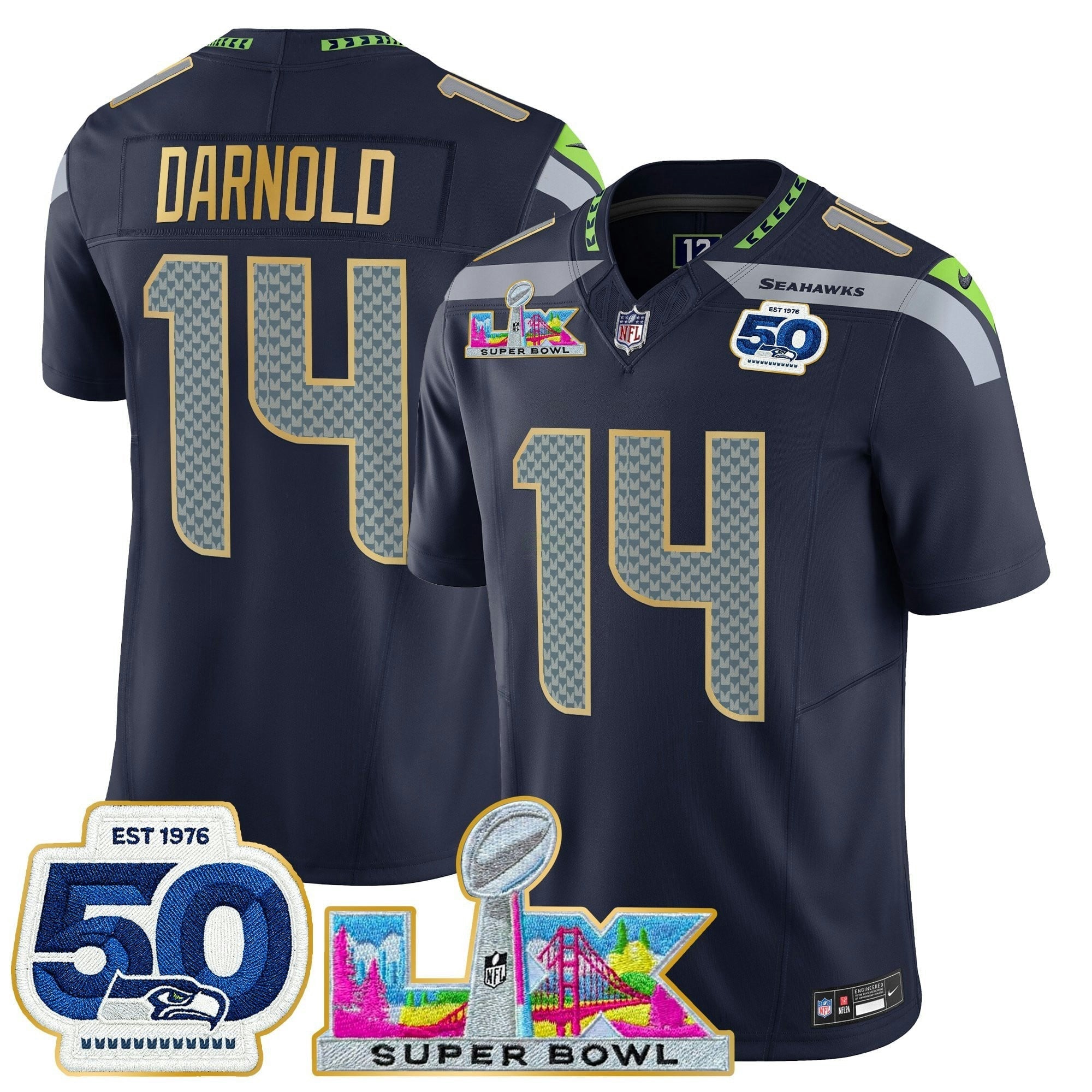 Camisa NFL Men’s Seattle “Super Bowl LX & 50th Patch” Dourada Trim Vapor Limited Jersey