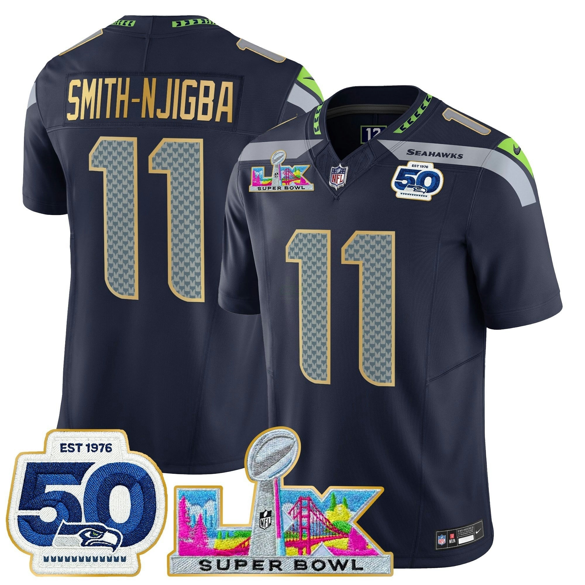 Camisa NFL Men’s Seattle “Super Bowl LX & 50th Patch” Dourada Trim Vapor Limited Jersey