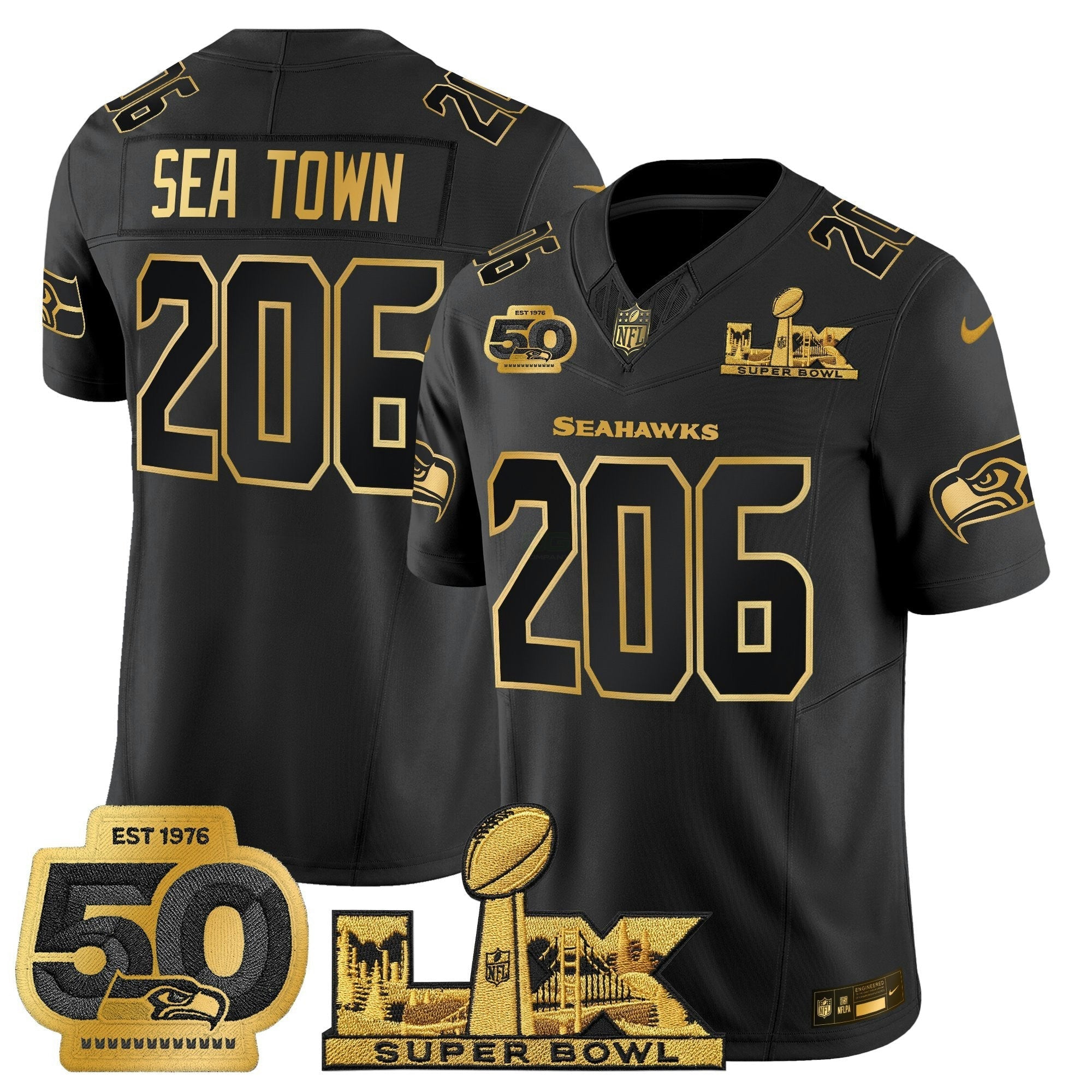 Camisa NFL Men’s Seattle “Super Bowl LX & 50th Patch” Dourada Vapor Limited Jersey