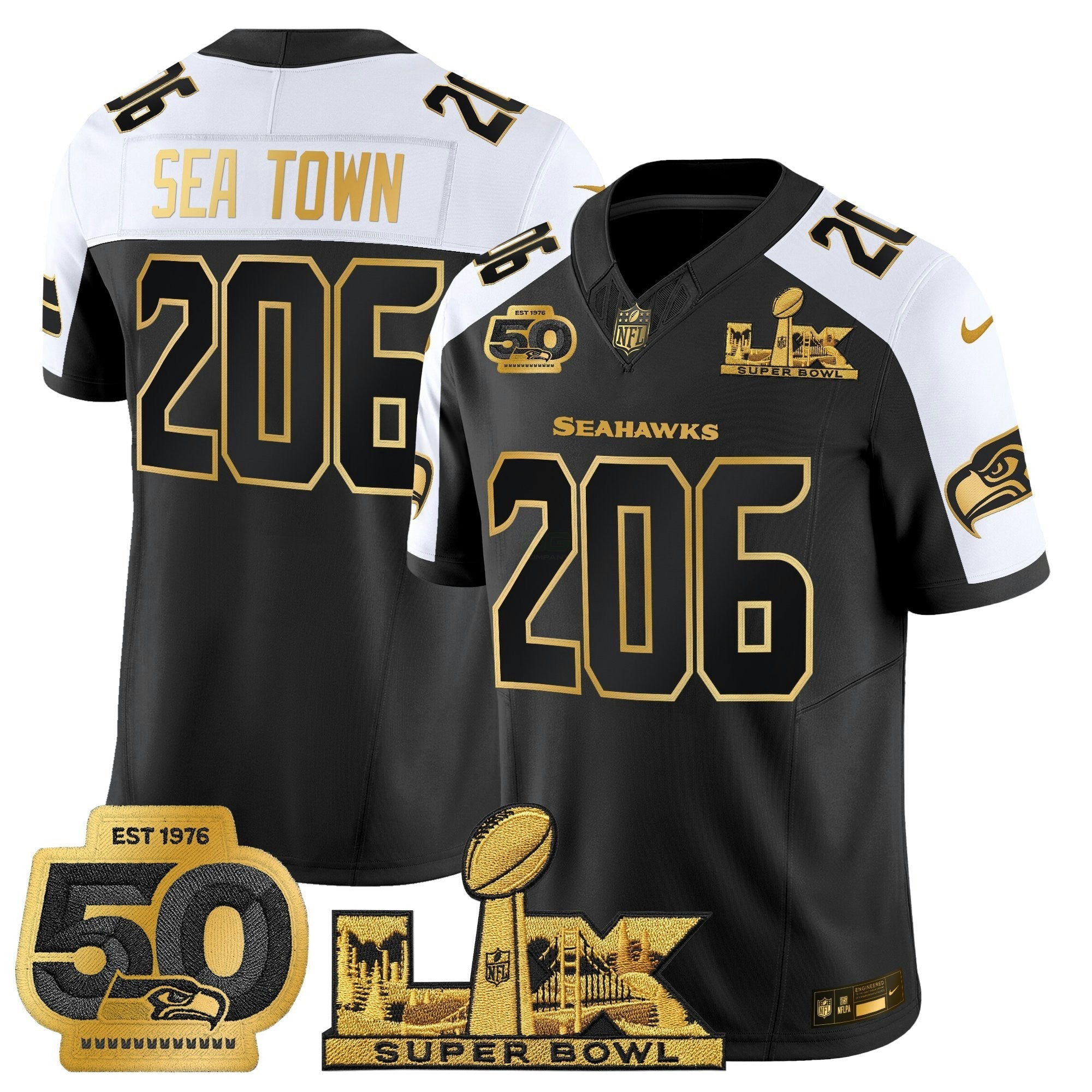 Camisa NFL Men’s Seattle “Super Bowl LX & 50th Patch” Dourada Vapor Limited Jersey