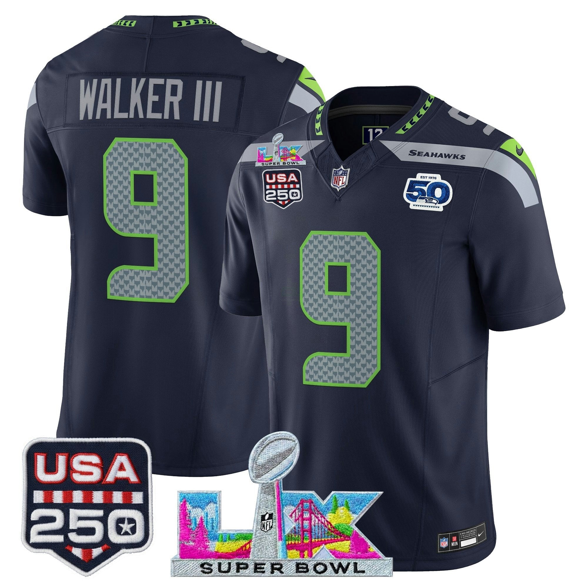 Camisa NFL Men’s Seattle “Super Bowl LX & United States 250th Anniversary Patch” Vapor Limited Jersey