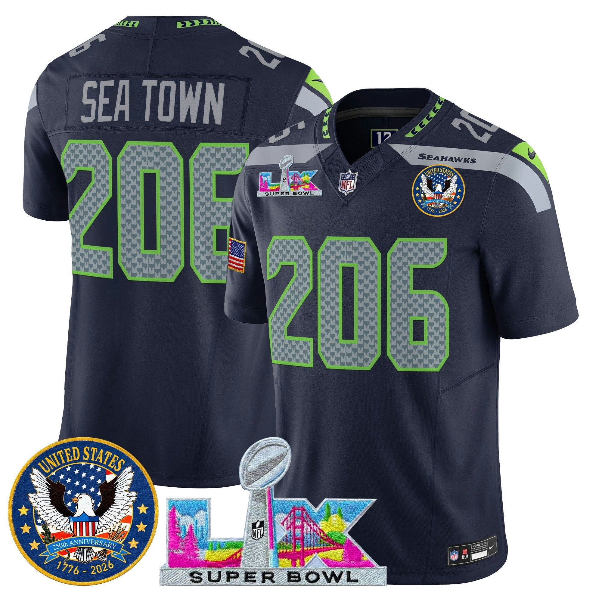 Camisa NFL Men’s Seattle “Super Bowl LX & United States 250th Patch” Vapor Limited Jersey