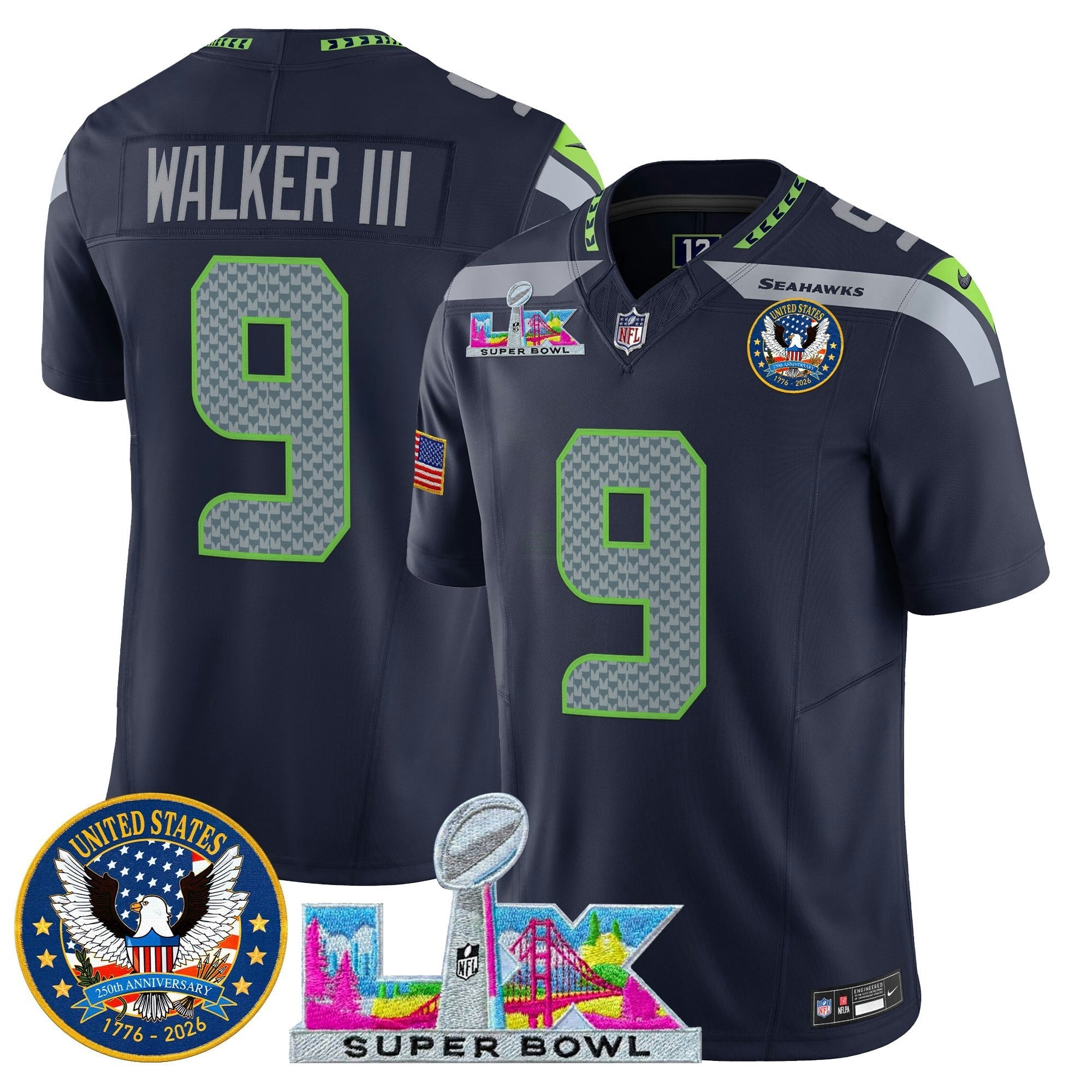 Camisa NFL Men’s Seattle “Super Bowl LX & United States 250th Patch” Vapor Limited Jersey