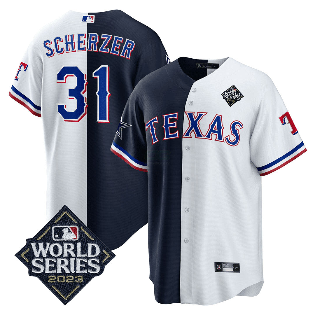 Camisa NFL Men’s Split Rangers – 2023 World Series Patch Cool Base Jersey - Branca - Azul Marinho