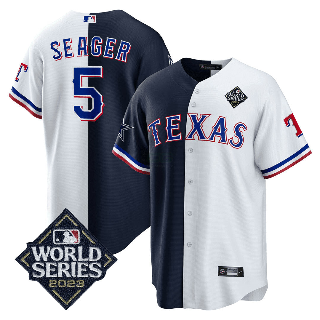 Camisa NFL Men’s Split Rangers – 2023 World Series Patch Cool Base Jersey - Branca - Azul Marinho