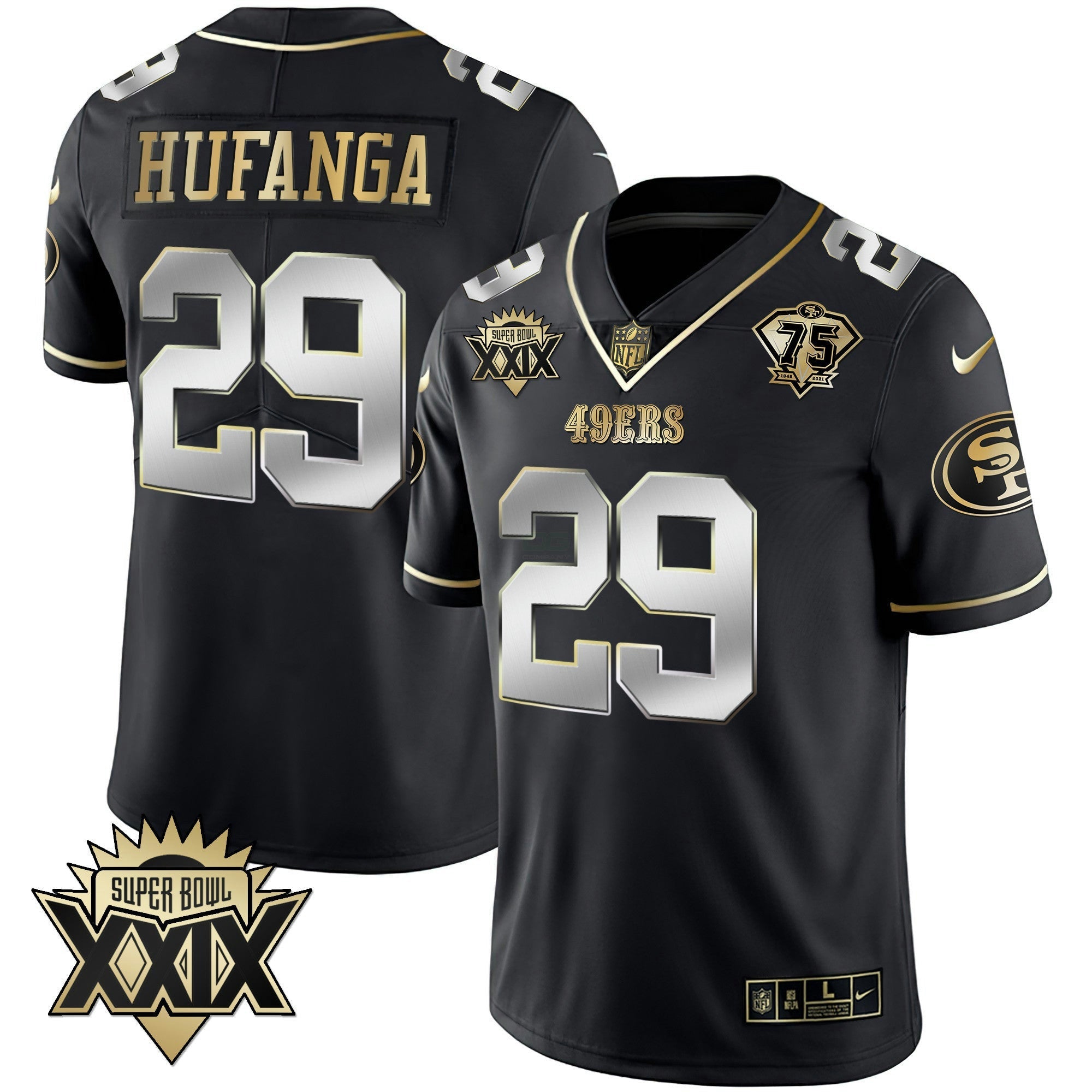 Camisa NFL Men’s Super Bowl XXIX Patch Preta Vermelha Dourada Jersey