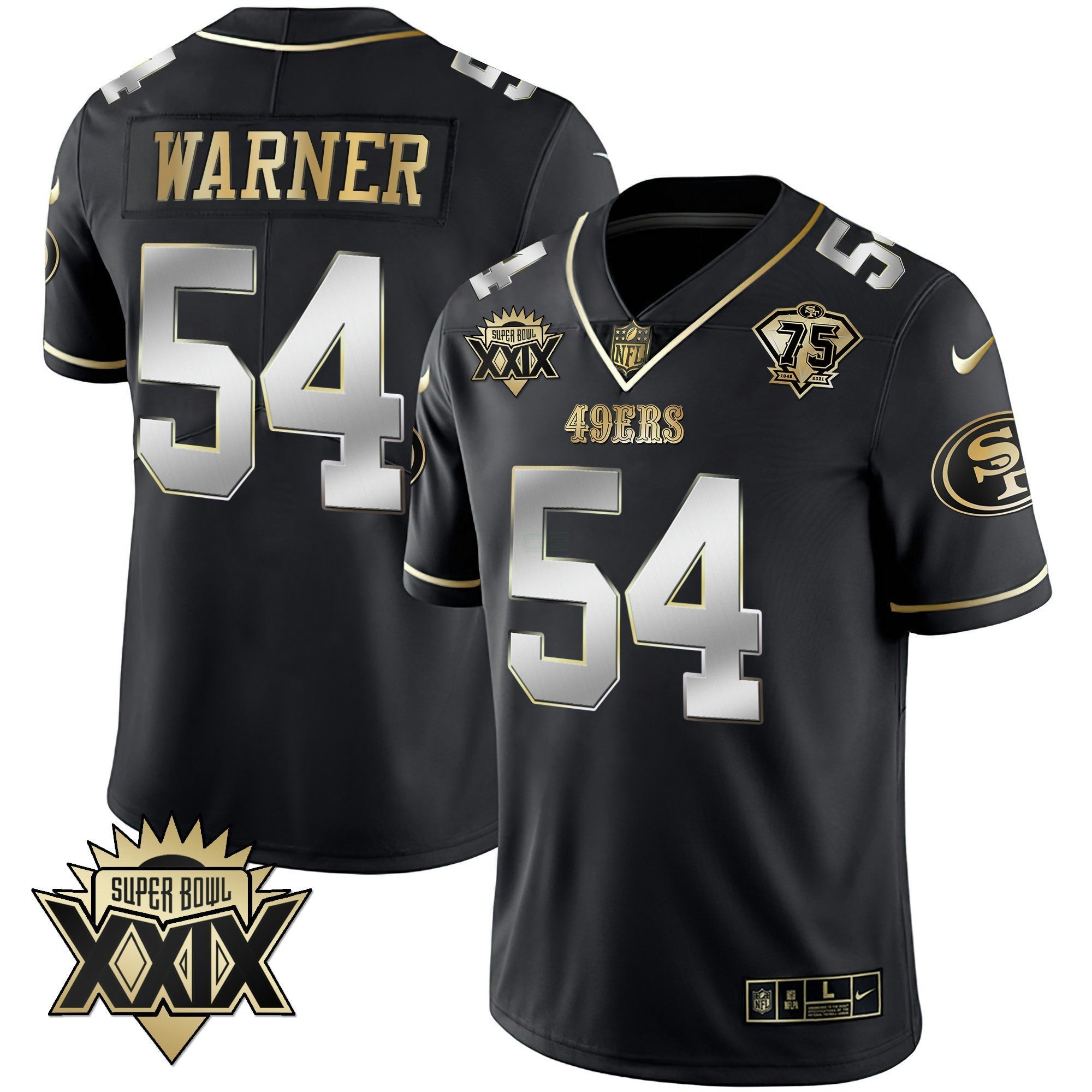 Camisa NFL Men’s Super Bowl XXIX Patch Preta Vermelha Dourada Jersey