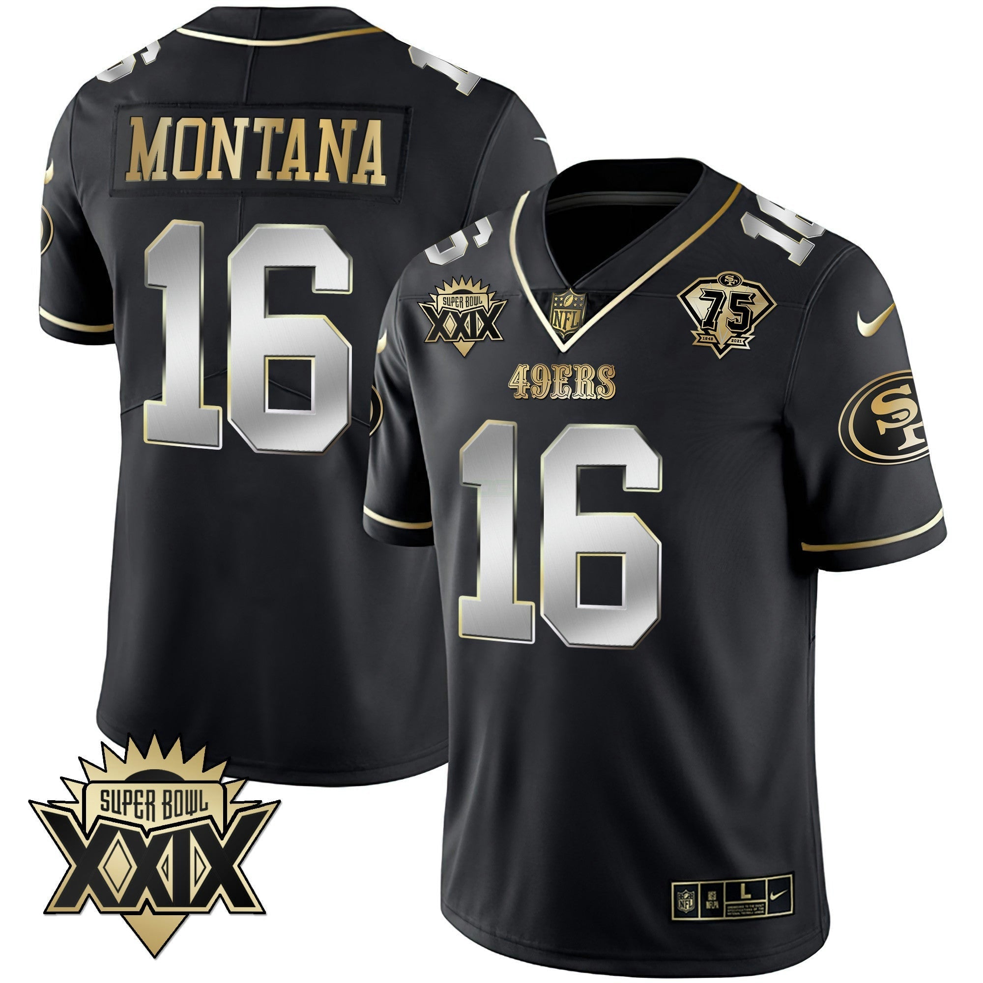 Camisa NFL Men’s Super Bowl XXIX Patch Preta Vermelha Dourada Jersey