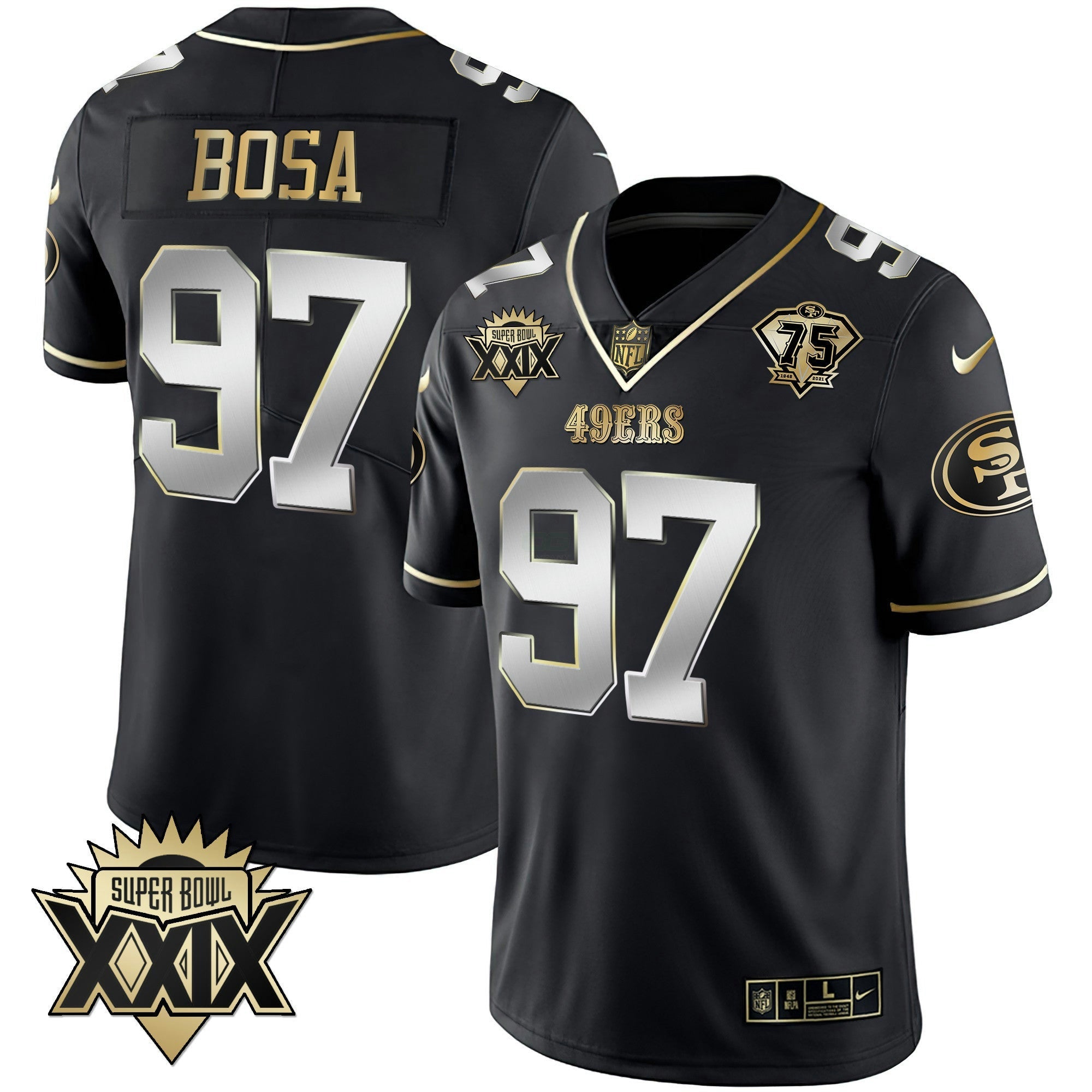 Camisa NFL Men’s Super Bowl XXIX Patch Preta Vermelha Dourada Jersey