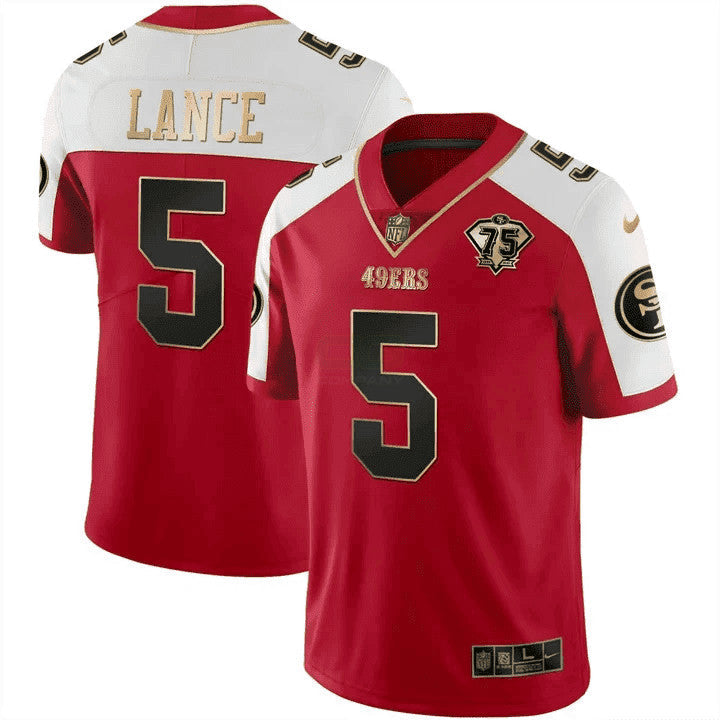 Camisa NFL Men’s Trey Lance 75th Anniversary Patch Vapor Preta Vermelha Dourada Limited
