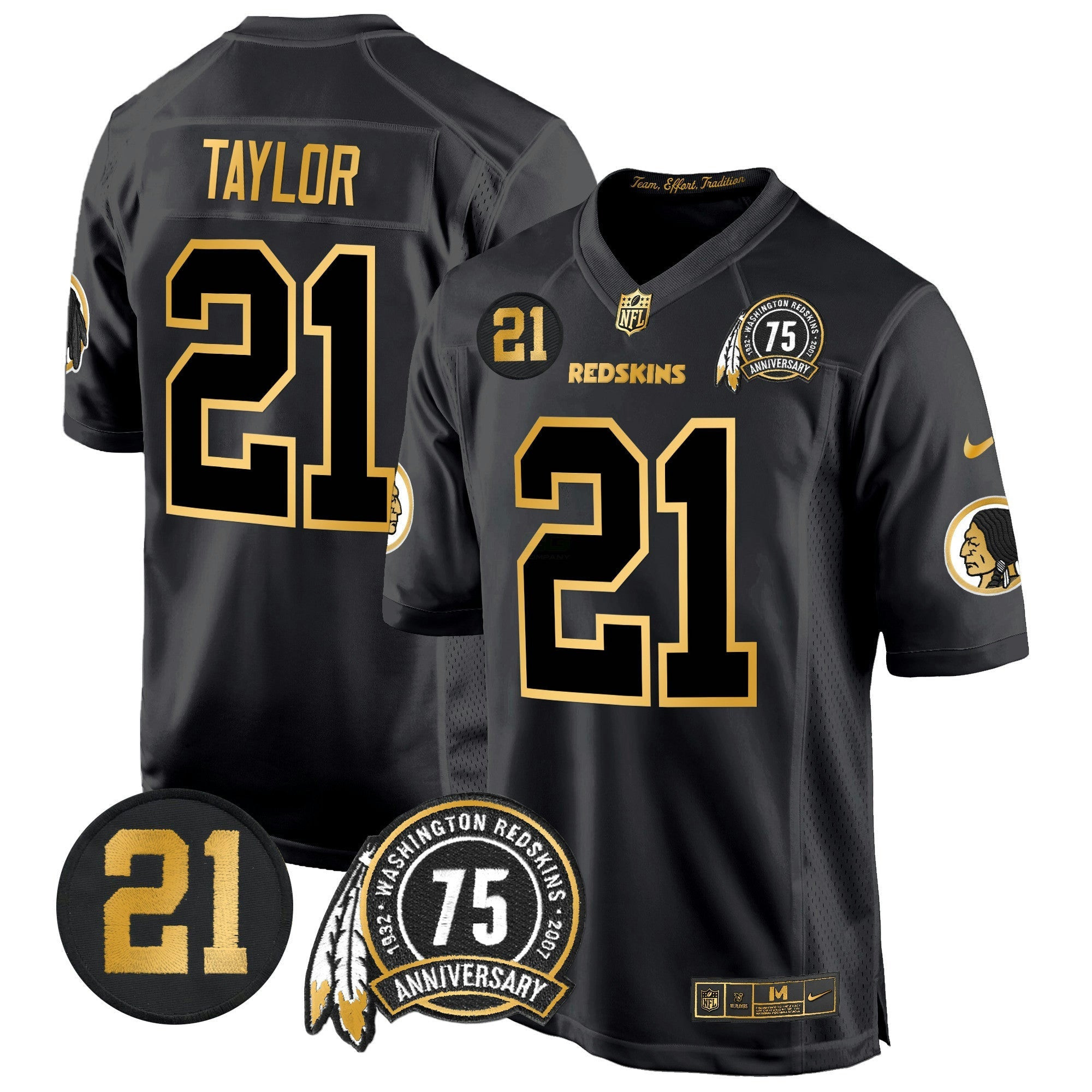 Camisa NFL Men’s Washington Redskins 75th & Sean Taylor Patch Dourada Game Jersey