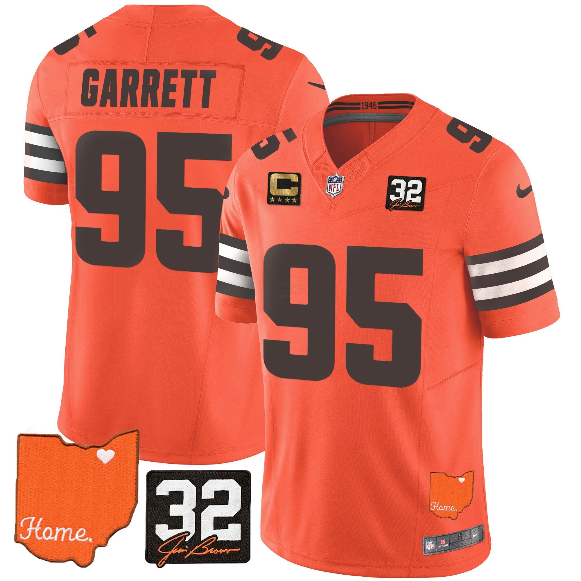 Camisa NFL Myles Garrett #32 Jim Brown Memorial & Home Patch Jersey