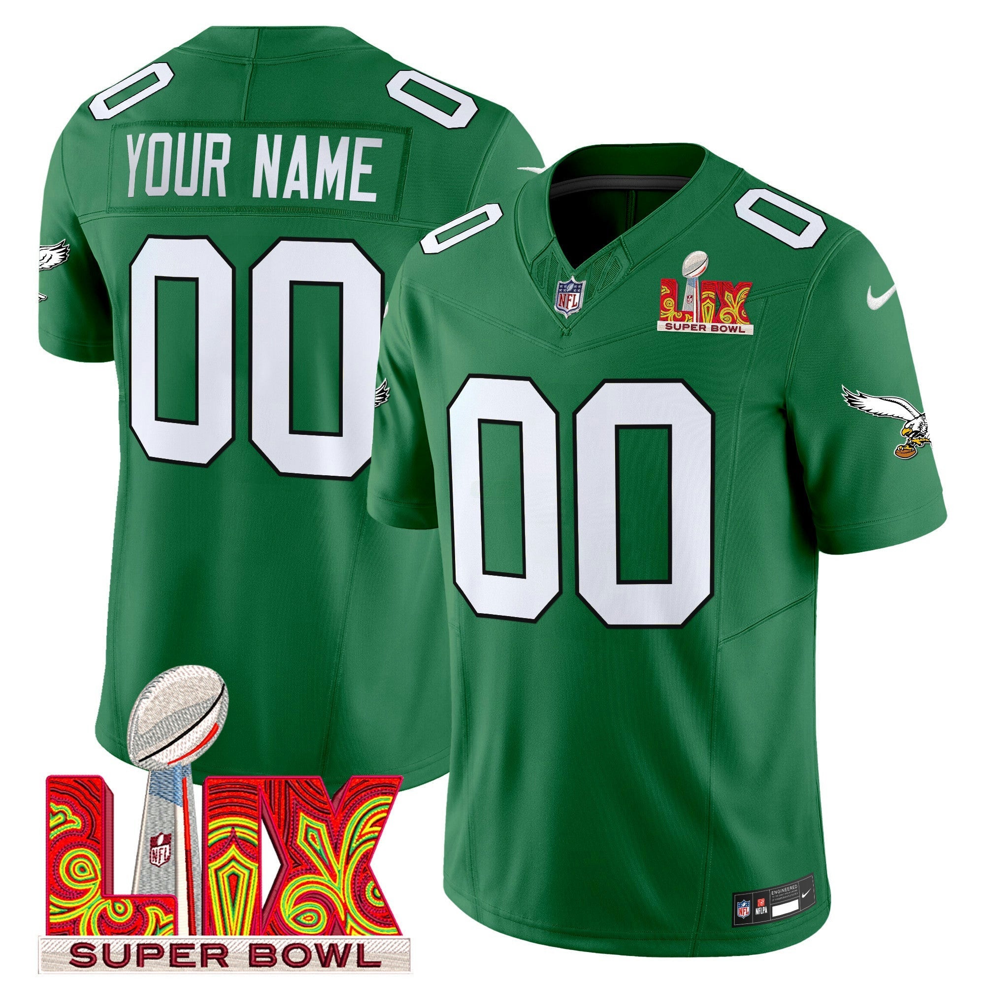Camisa NFL Philadelphia Kelly Green Super Bowl LIX Patch Vapor Limited Jersey