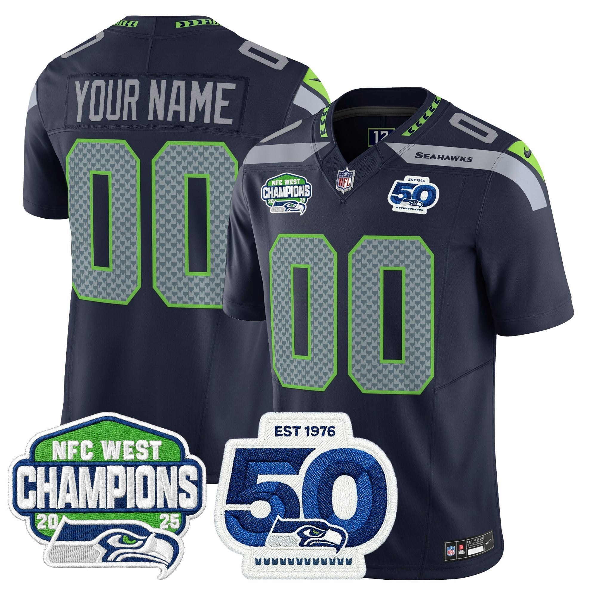 Camisa NFL Seattle 2025 NFC West Division Champions & 50th Anniversary Patch Vapor Limited Jersey