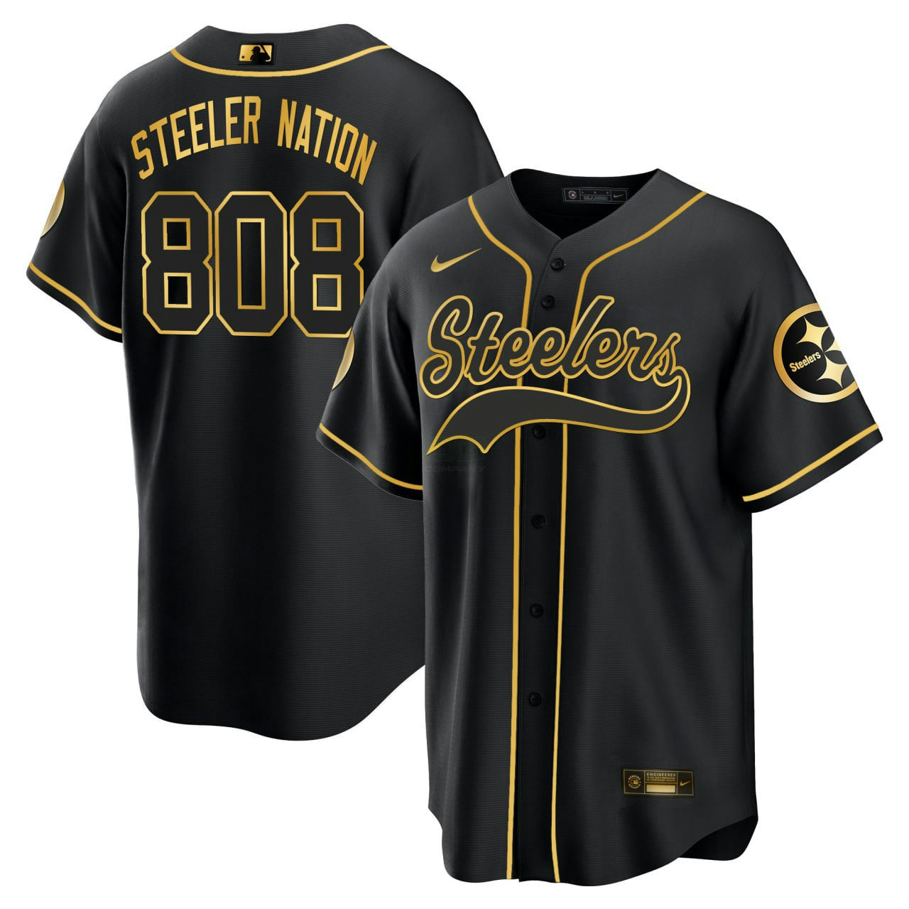 Camisa NFL Steeler Nation #808 Pittsburgh Baseball Preta Dourada Jersey - Preta