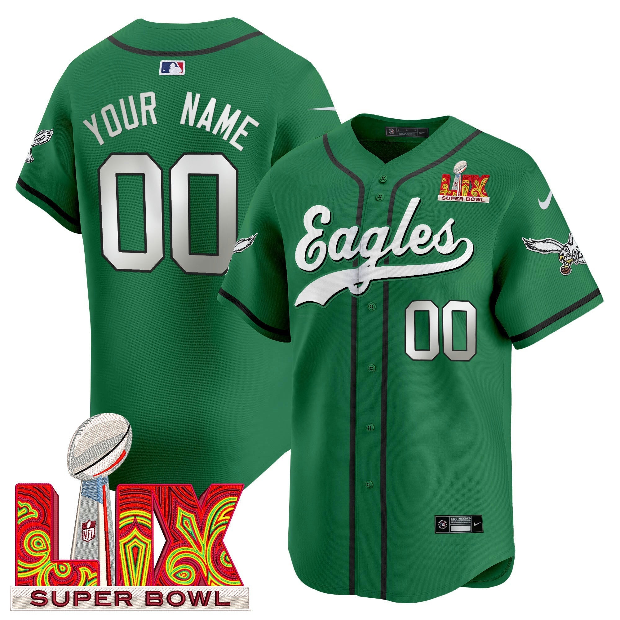 Camisa NFL Super Bowl LIX Patch Kelly Green Vapor Jersey V2