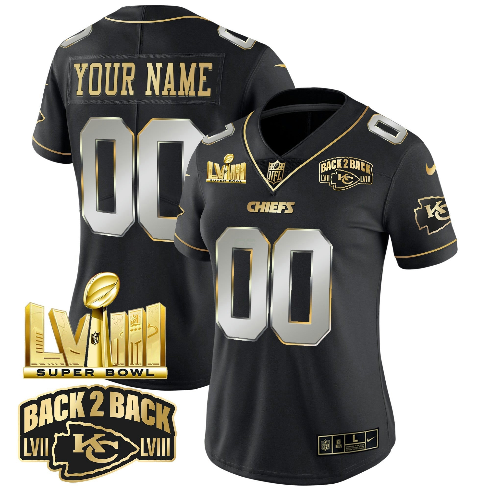 Camisa NFL Super Bowl LVIII & Back 2 Back Gold Patch Vapor Jersey V2