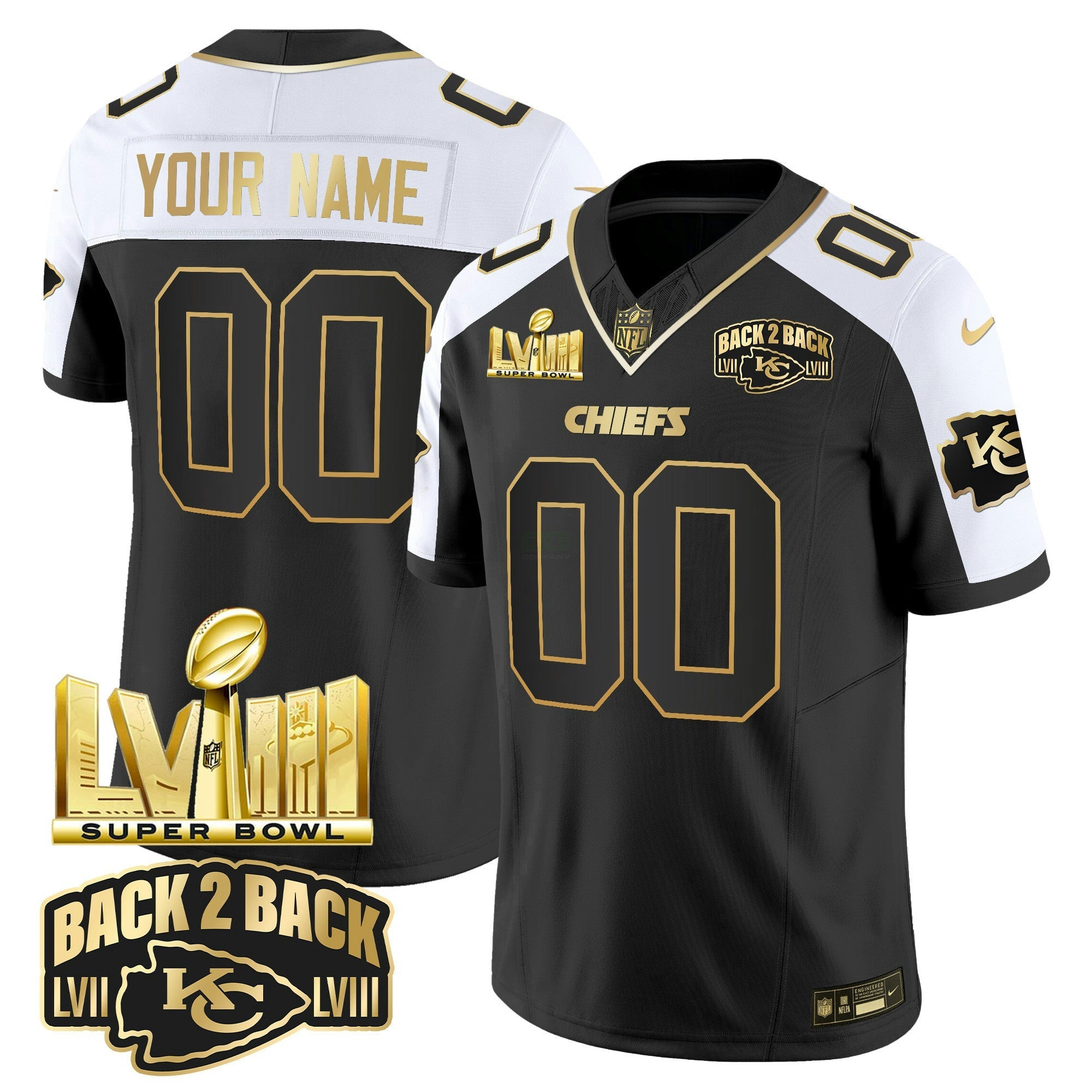 Camisa NFL Super Bowl LVIII & Back 2 Back Gold Patch Vapor Jersey V2