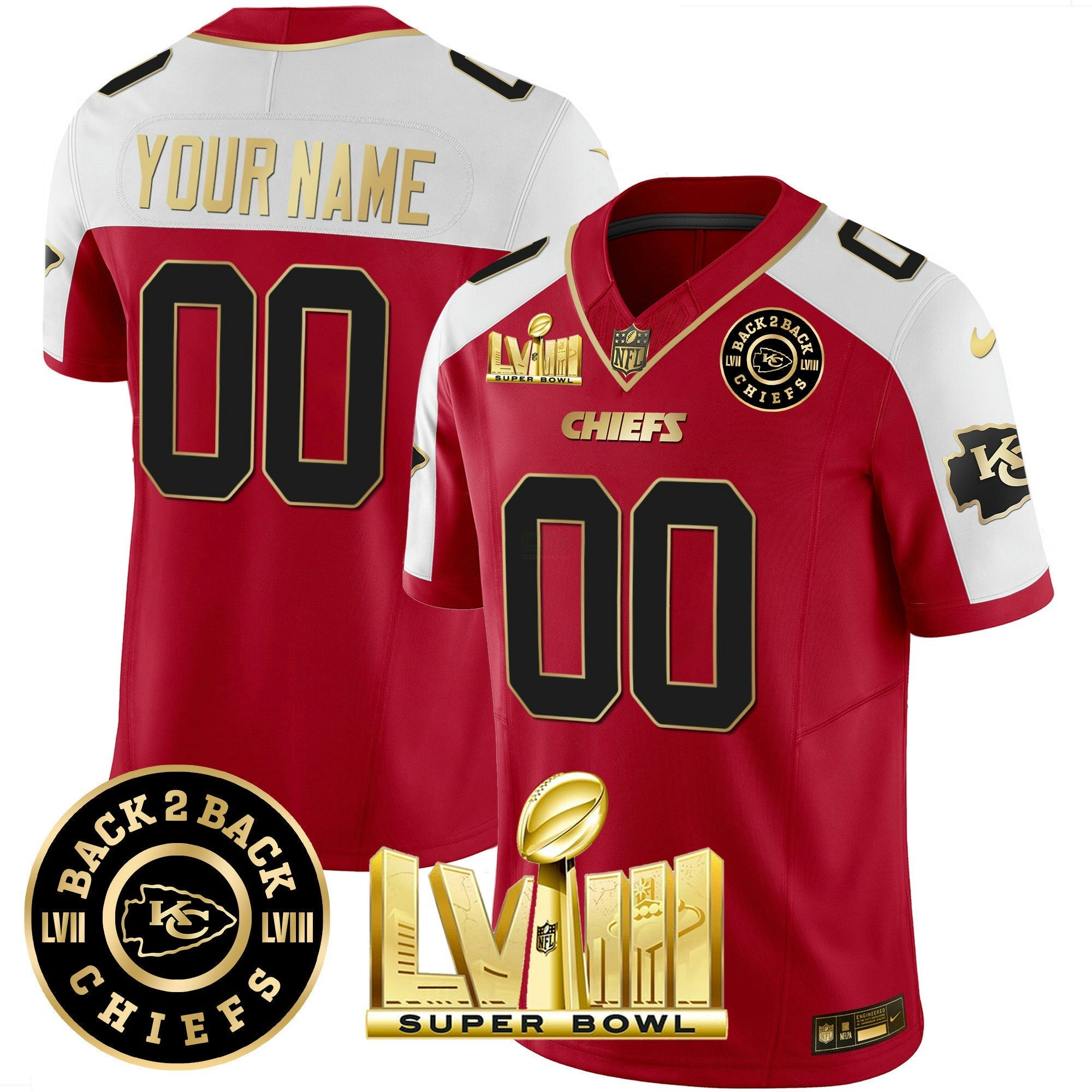 Camisa NFL Super Bowl LVIII & Back 2 Back Gold Patch Vapor Jersey V3