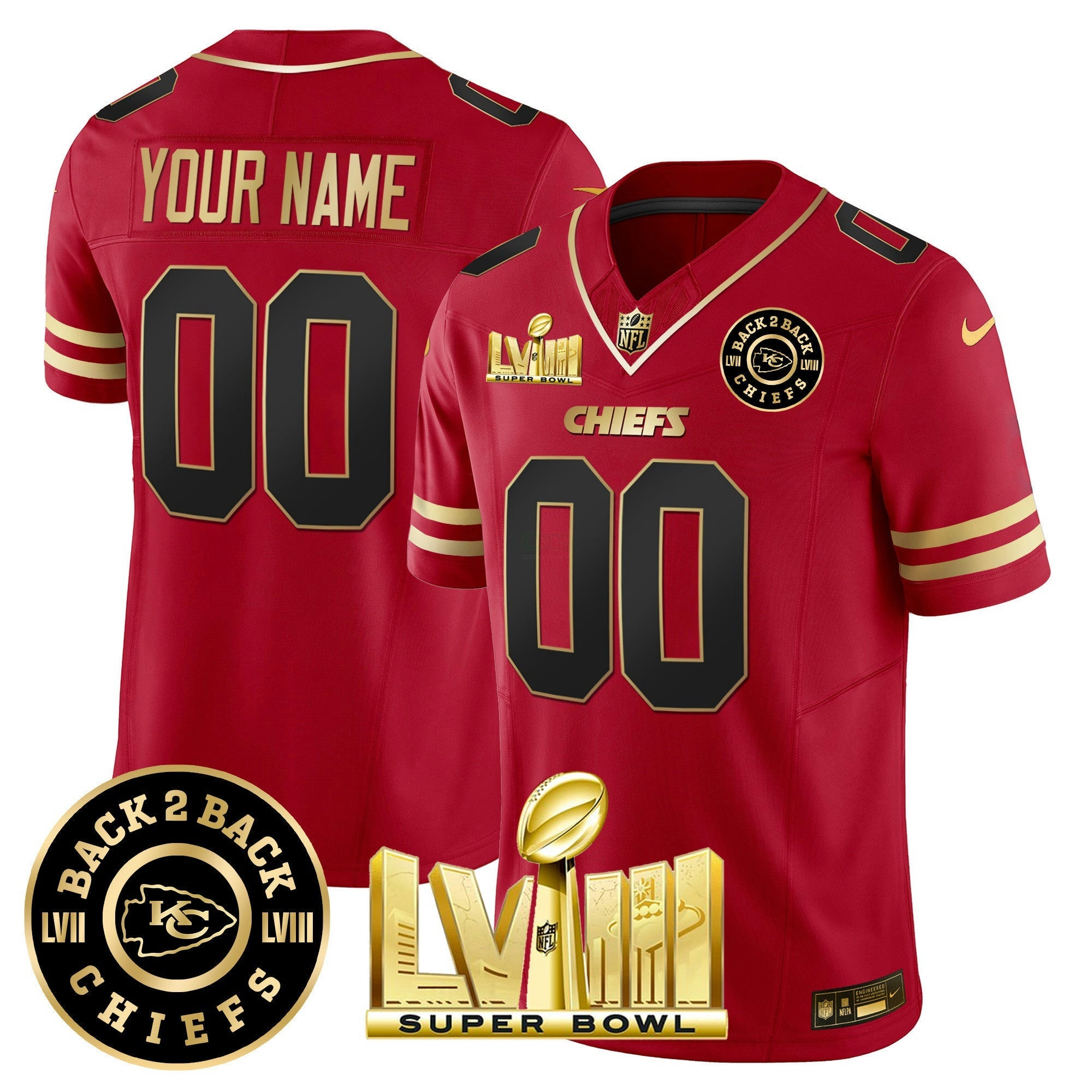 Camisa NFL Super Bowl LVIII & Back 2 Back Gold Patch Vapor Jersey V3