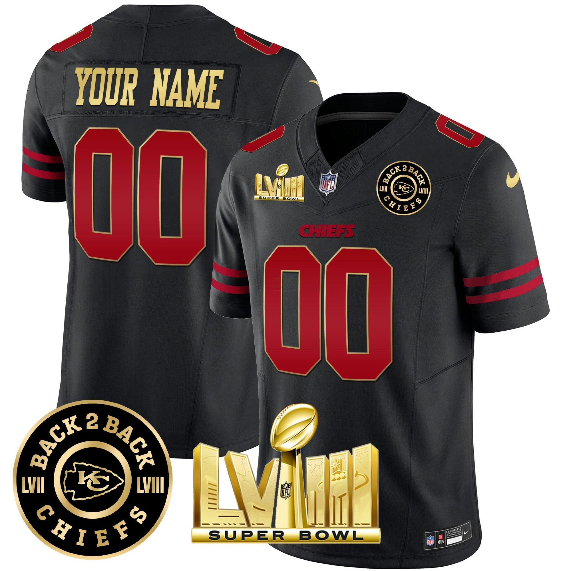 Camisa NFL Super Bowl LVIII & Back 2 Back Gold Patch Vapor Jersey V3