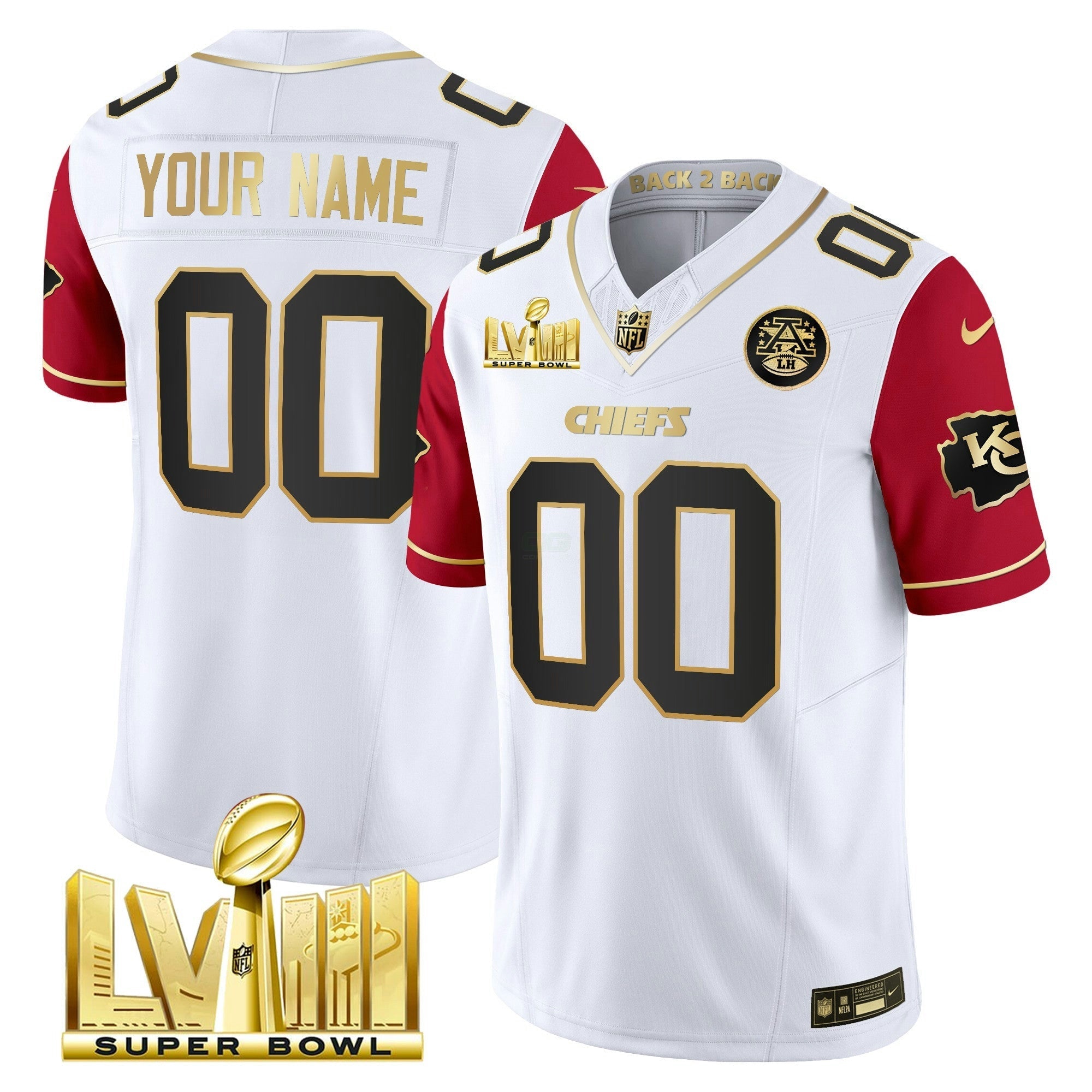 Camisa NFL Super Bowl LVIII & Back 2 Back Gold Patch Vapor Jersey V5