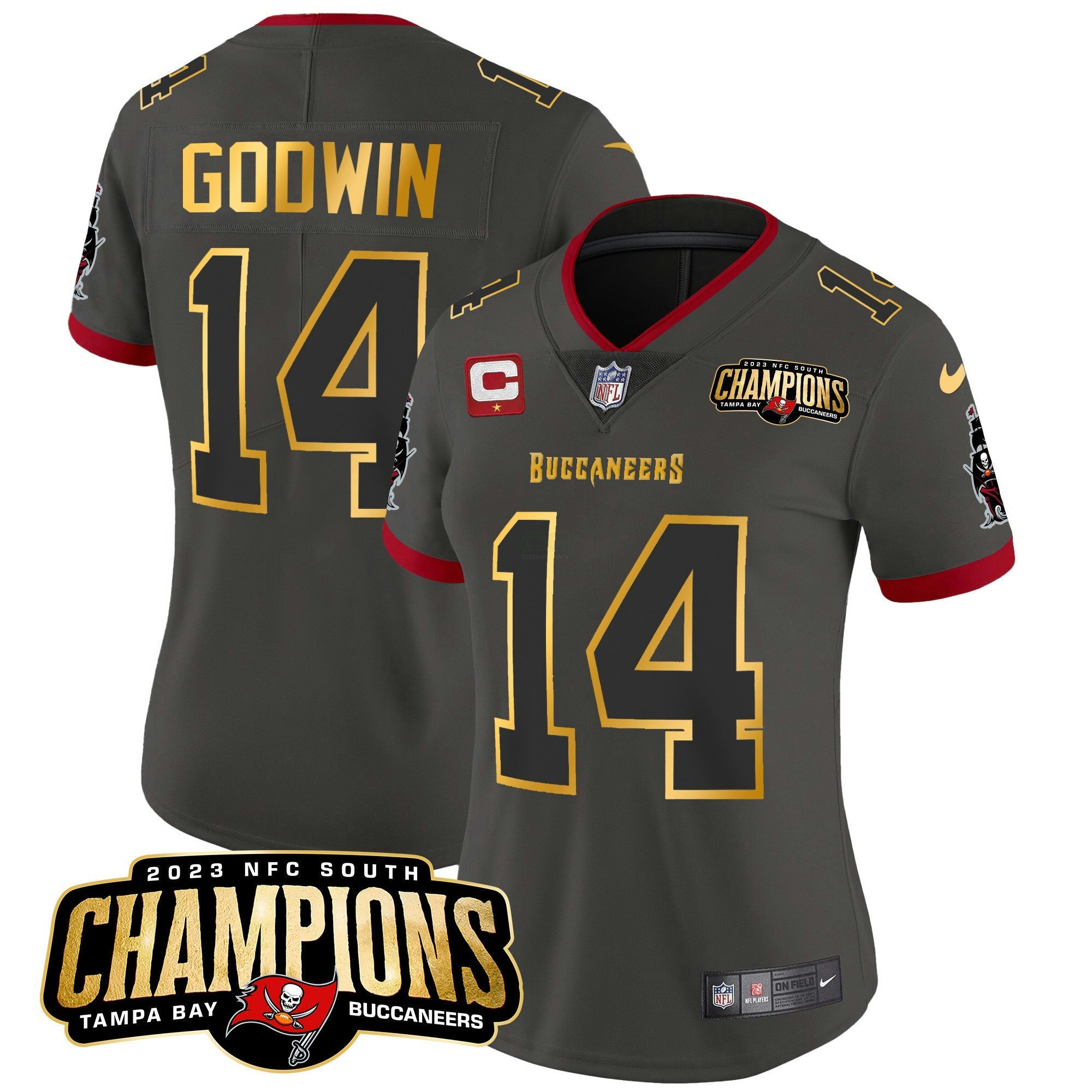 Camisa NFL Women’s 2023 NFC South Champions Patch Dourada Trim Vapor Jersey