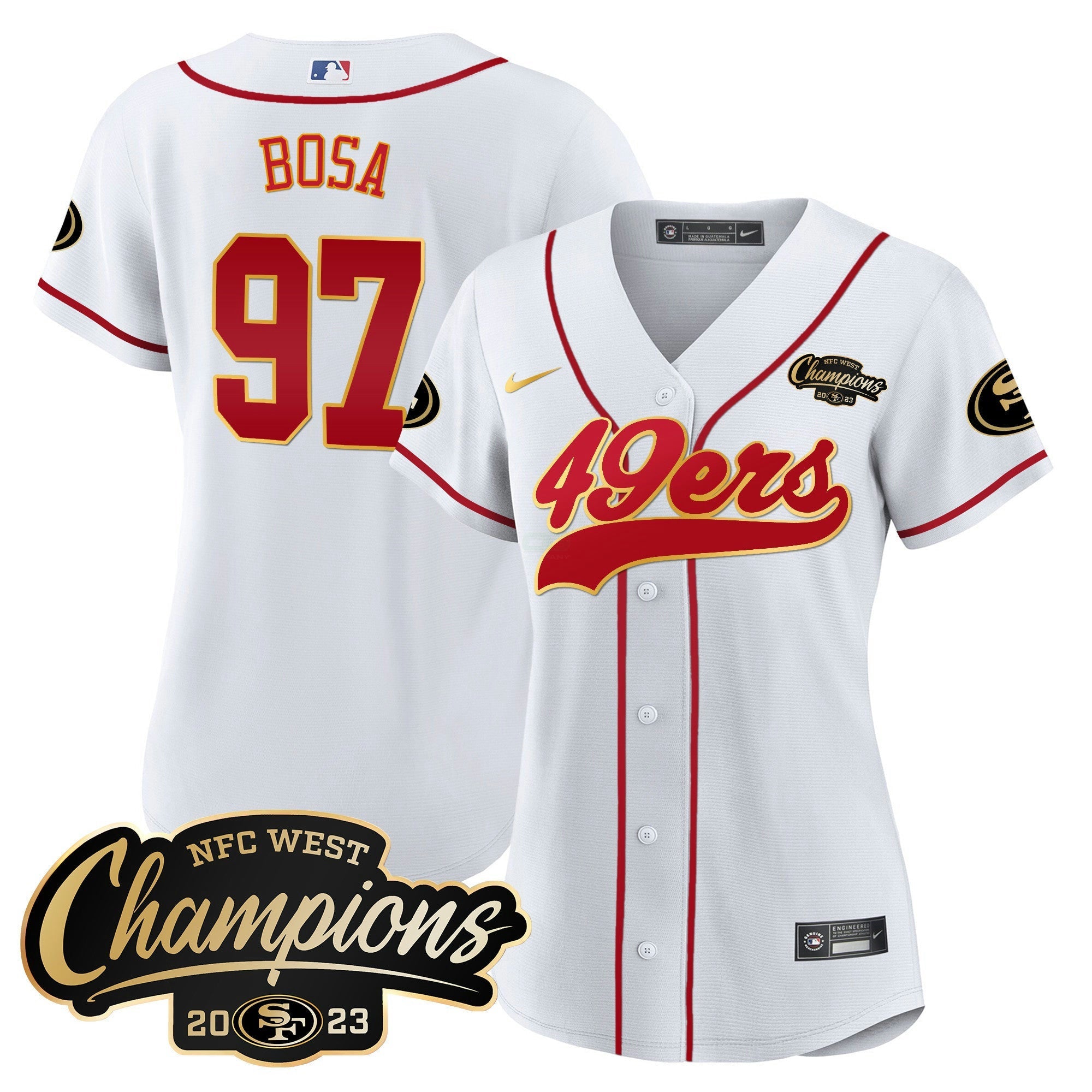 Camisa NFL Women’s 2023 NFC West Champions Baseball Gold Trim Jersey