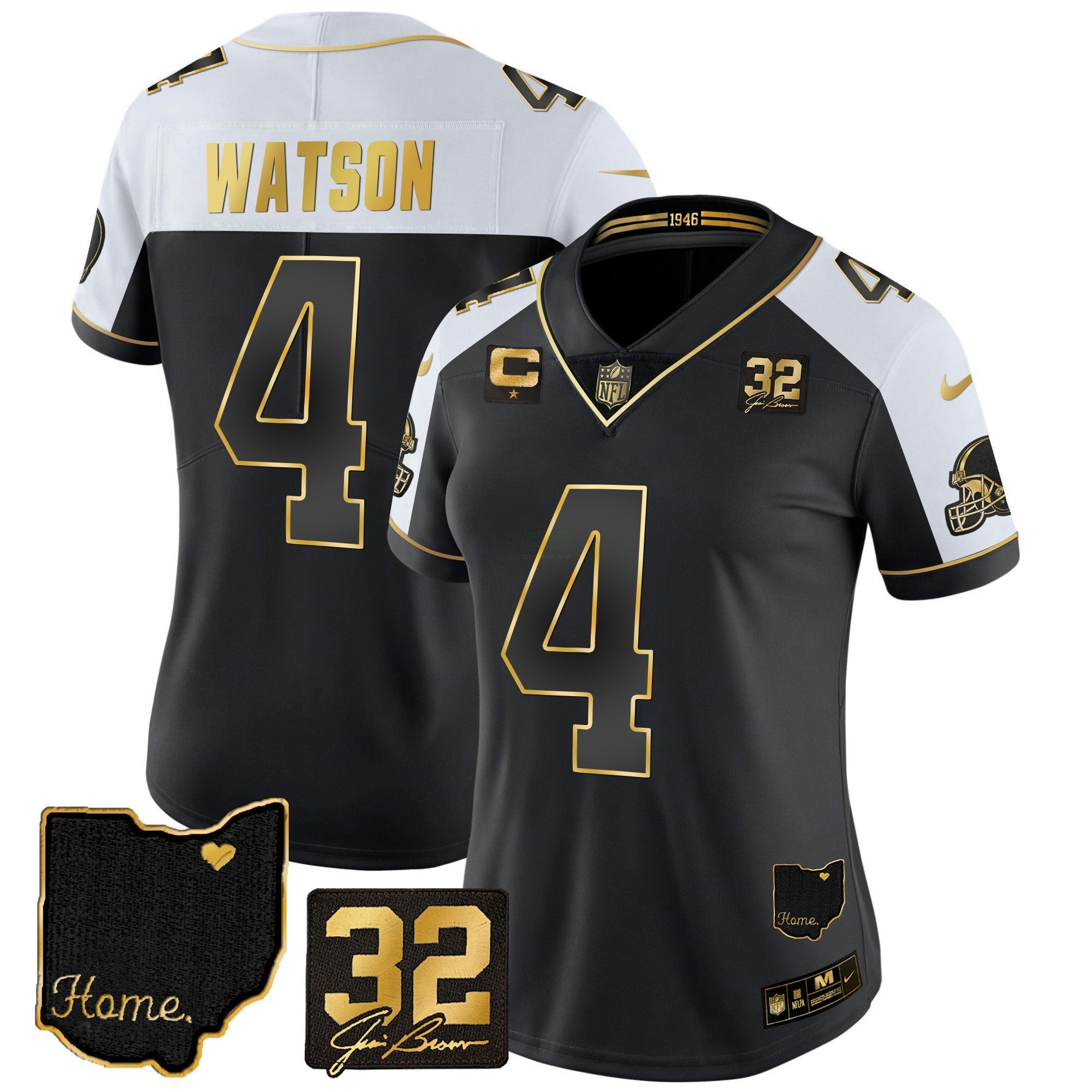 Camisa NFL Women’s #32 Jim Brown Memorial & Home Patch Dourada Jersey