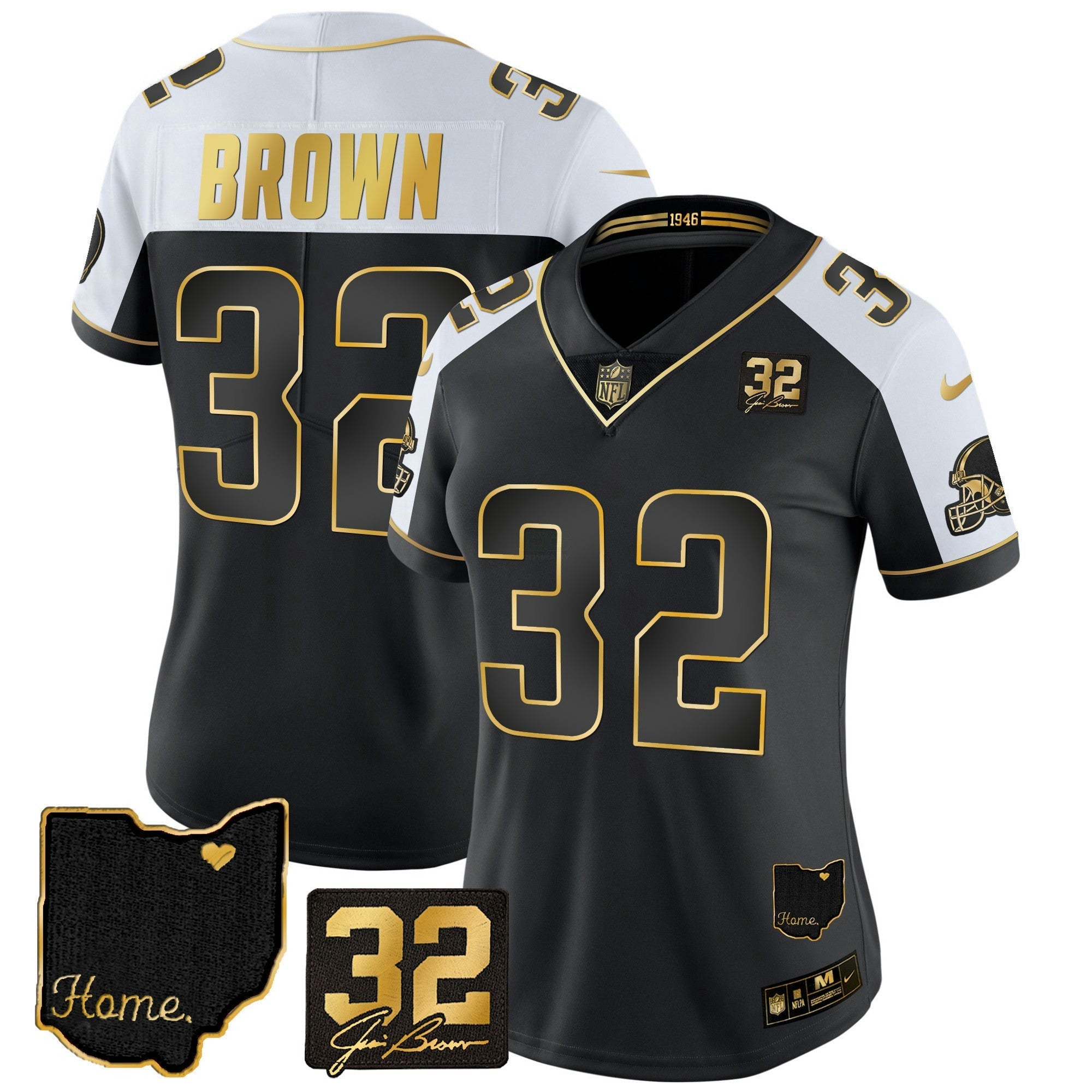 Camisa NFL Women’s #32 Jim Brown Memorial & Home Patch Dourada Jersey