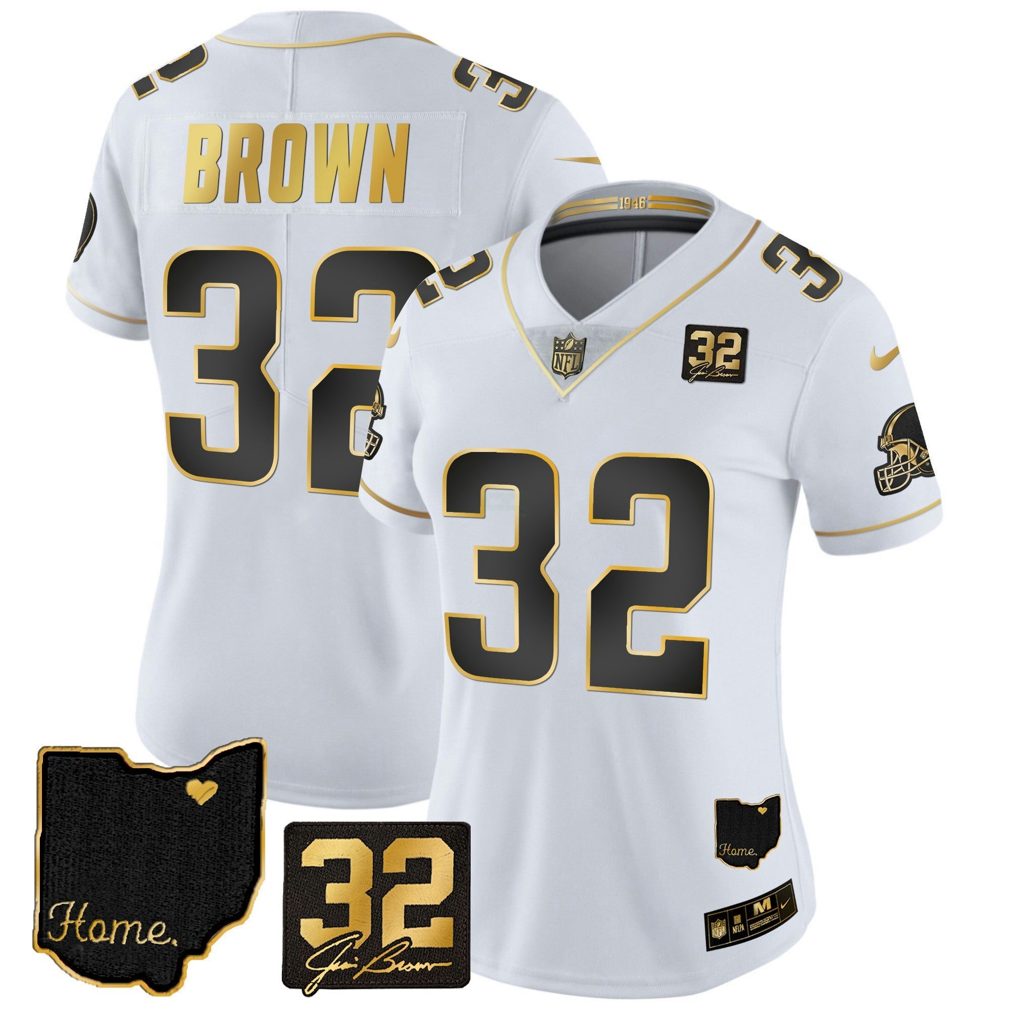 Camisa NFL Women’s #32 Jim Brown Memorial & Home Patch Dourada Jersey